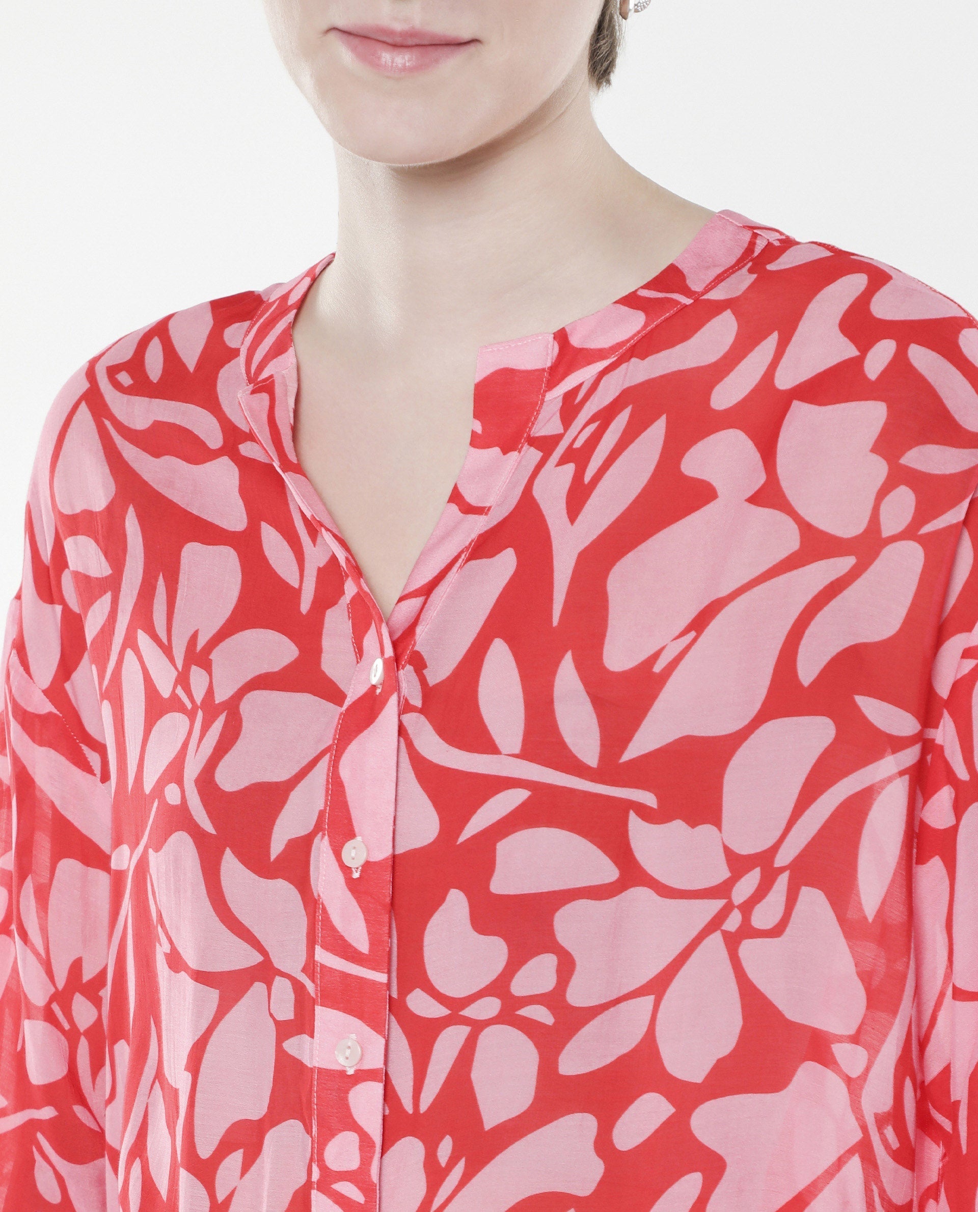 Rareism Women's Bayton Red Viscose Blend Mandarin Collar Floral Print Cuffed Sleeve Relaxed Fit Top