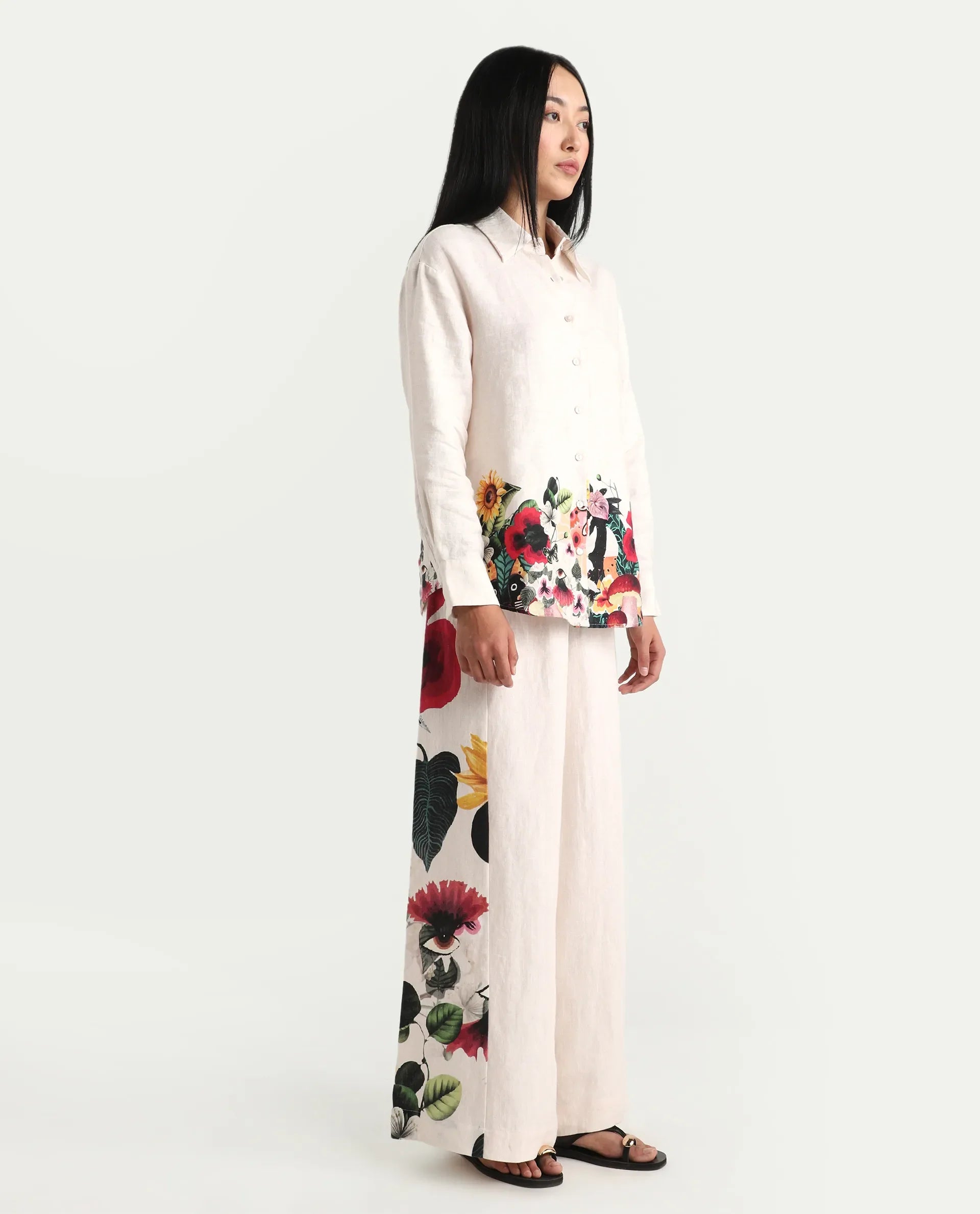 Rareism Women's Bazper-B Off White 100% Linen Wide Leg Plain Trouser