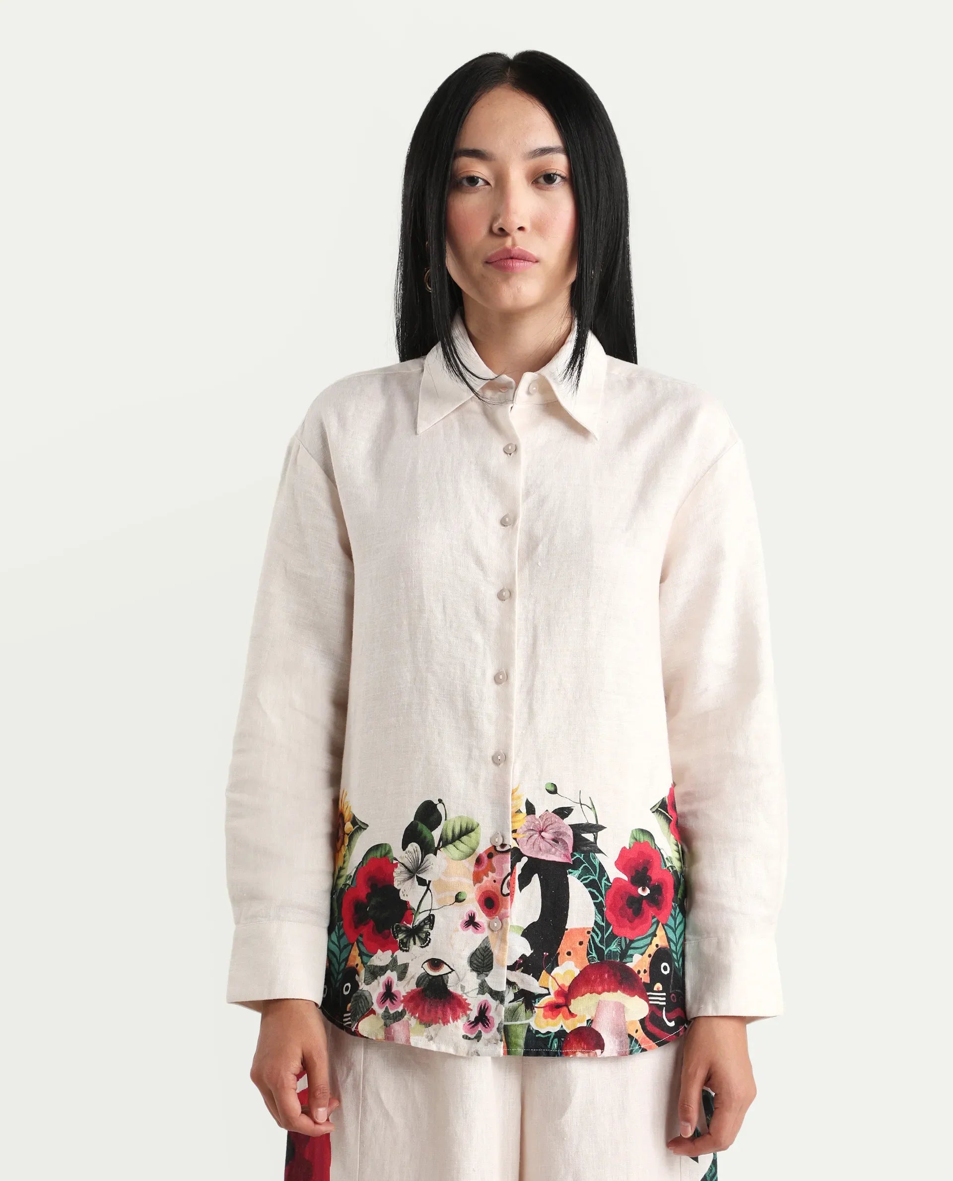 Rareism Women's Bazper-T Off White 100% Linen Full Sleeve Regular Fit Abstract Print Shirt