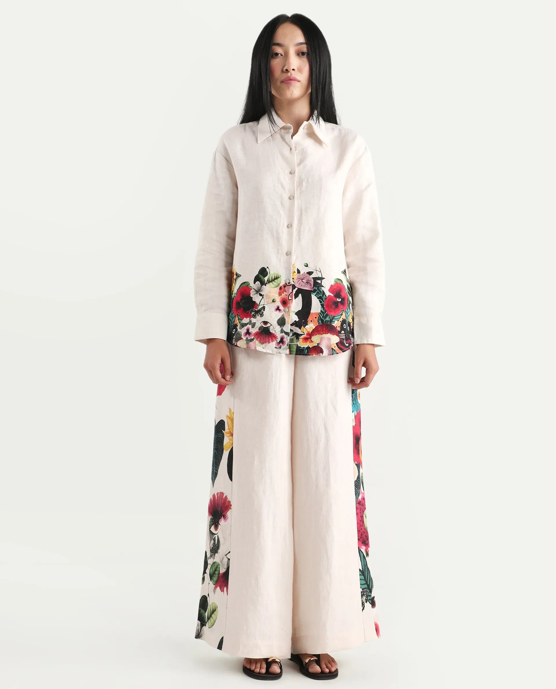 Rareism Women's Bazper-T Off White 100% Linen Full Sleeve Regular Fit Abstract Print Shirt