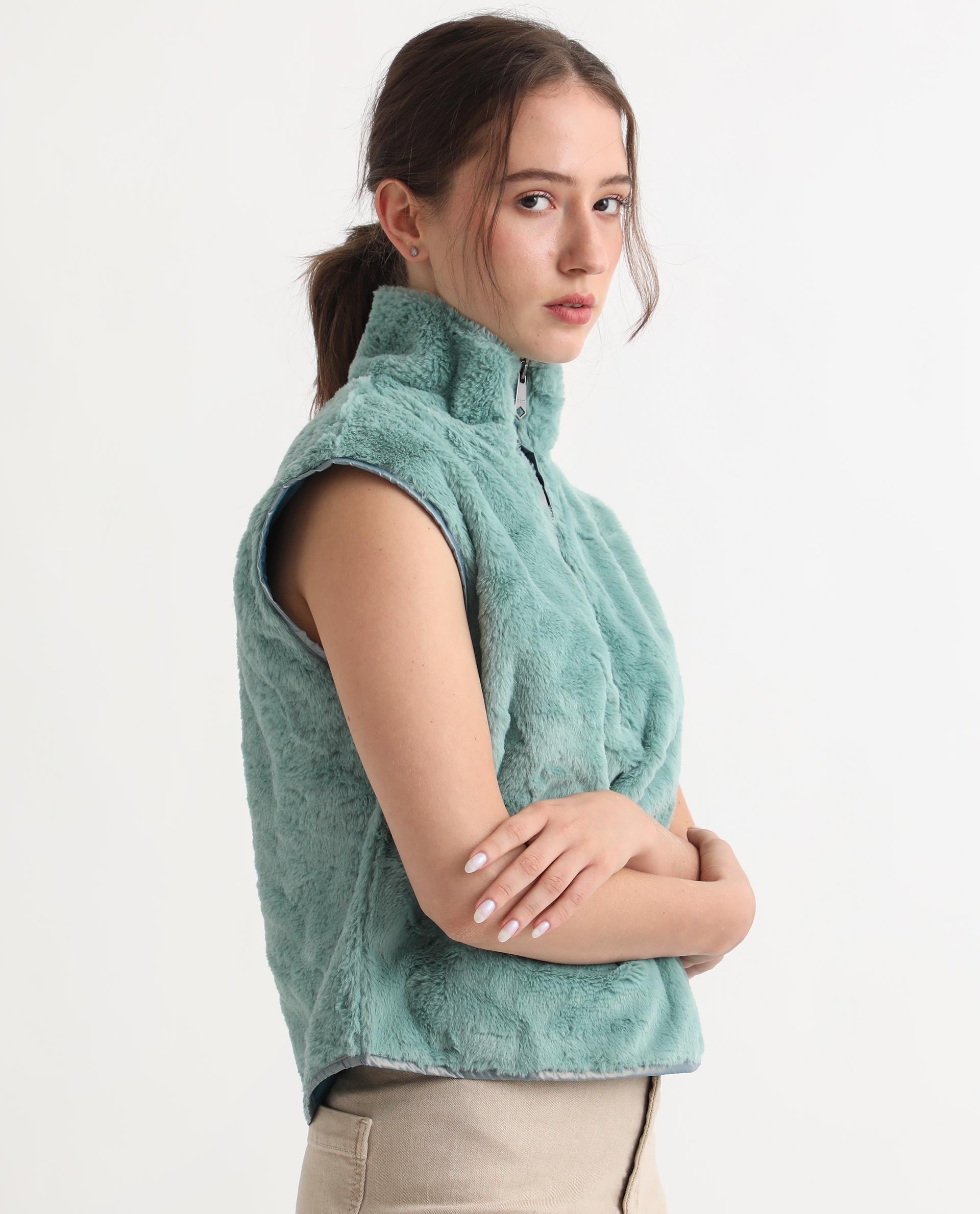 Rareism Women's Beauro Green Polyester Drop Collar Plain Sleeveless Regular Fit Sweater