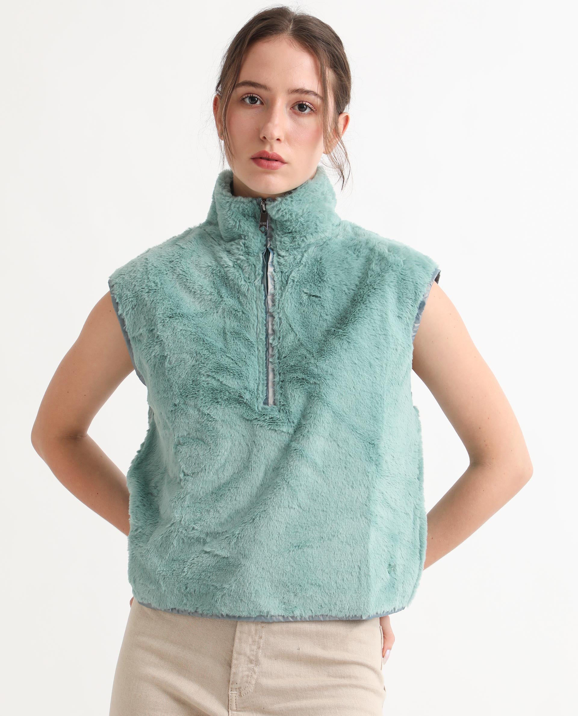 Rareism Women's Beauro Green Polyester Drop Collar Plain Sleeveless Regular Fit Sweater