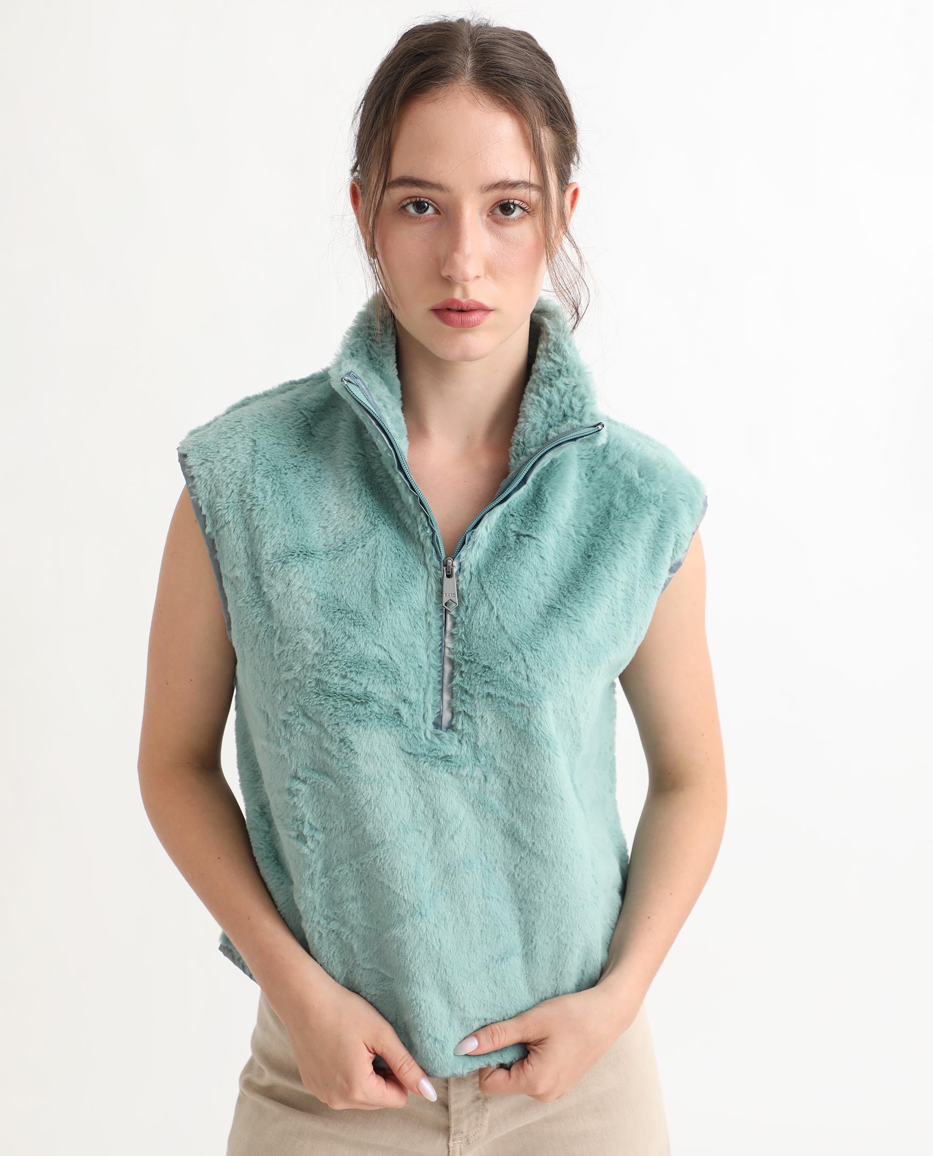 Rareism Women's Beauro Green Polyester Drop Collar Plain Sleeveless Regular Fit Sweater