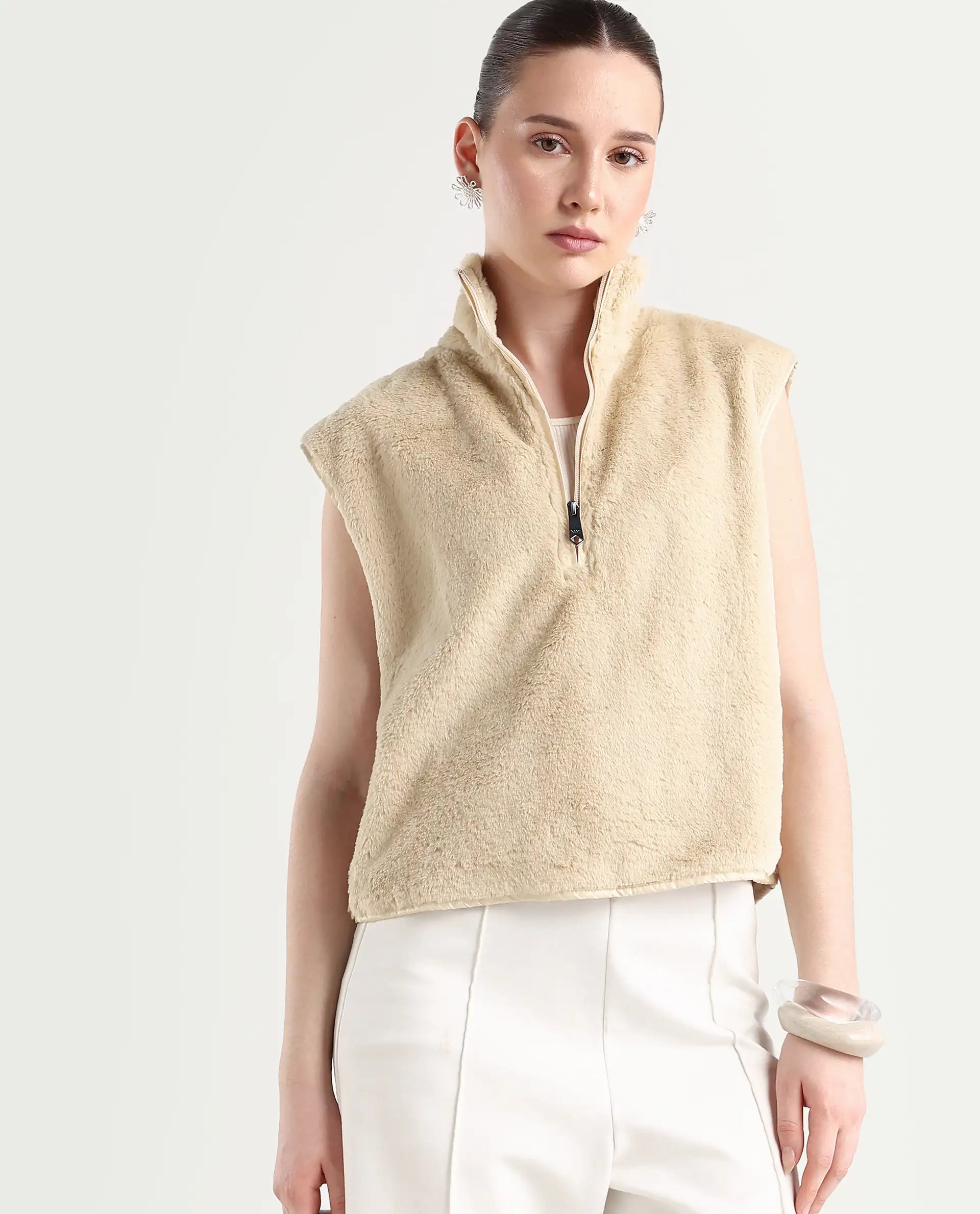 Rareism Women's Beauro Beige Polyester Drop Collar Plain Sleeveless Regular Fit Sweater