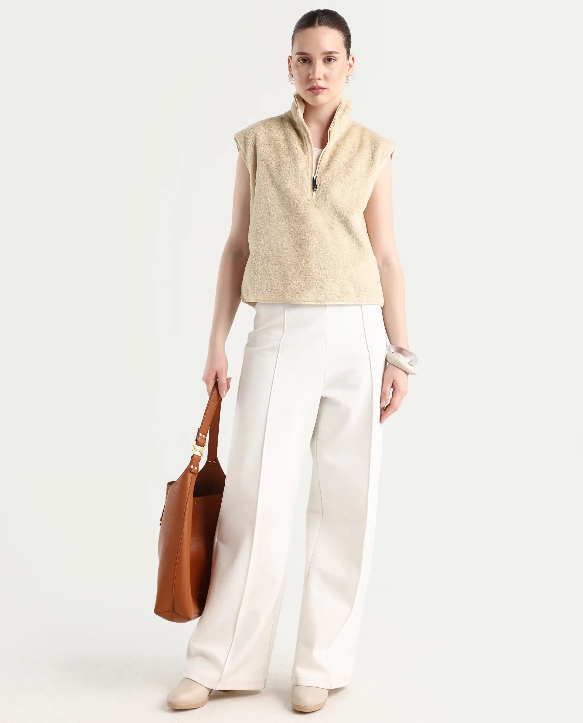 Rareism Women's Beauro Beige Polyester Drop Collar Plain Sleeveless Regular Fit Sweater