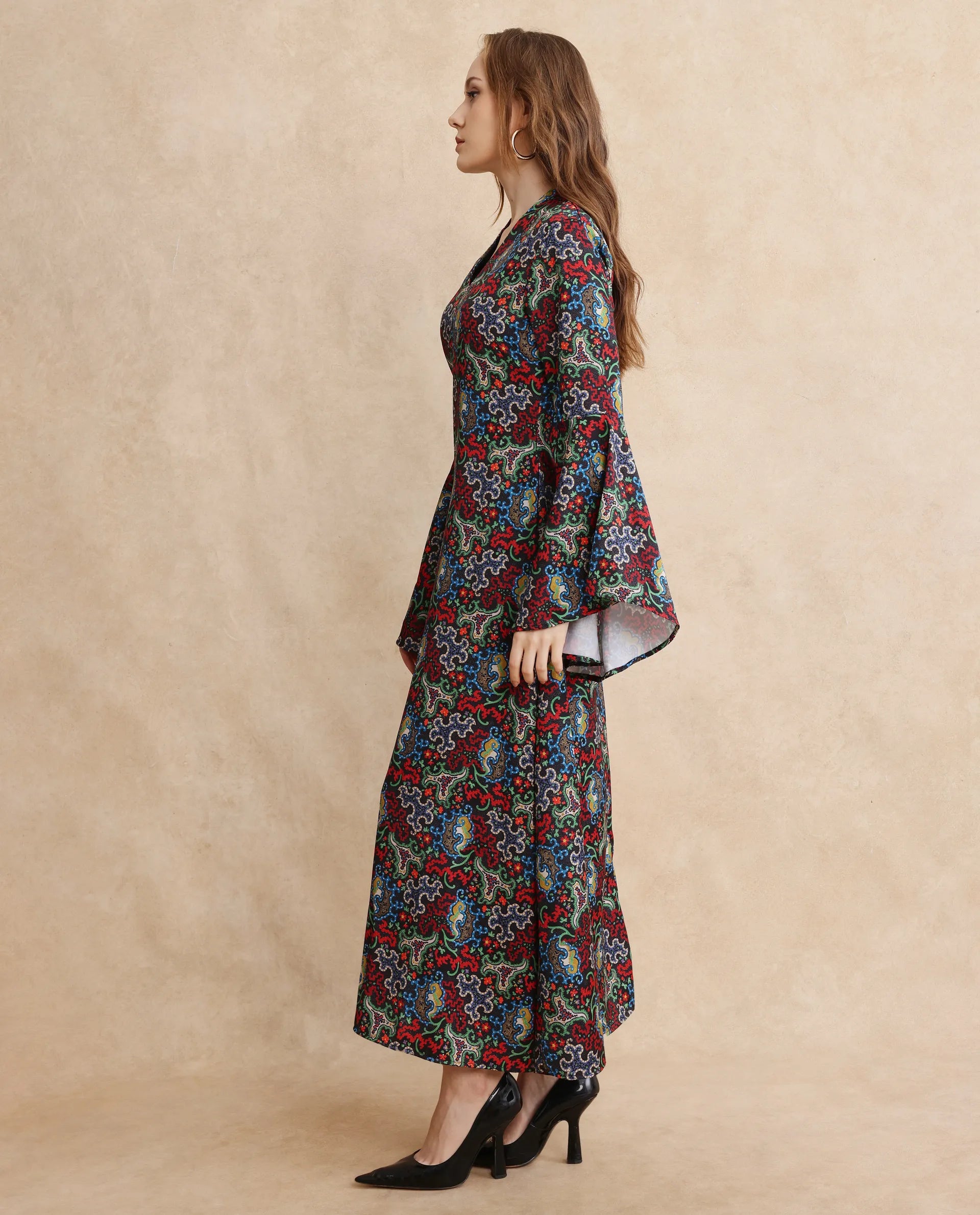 Rareism Women's Bedx Dark Multi Polyester Blend V-Neck Abstract Print Bell Sleeve Maxi Fit And Flare Dress