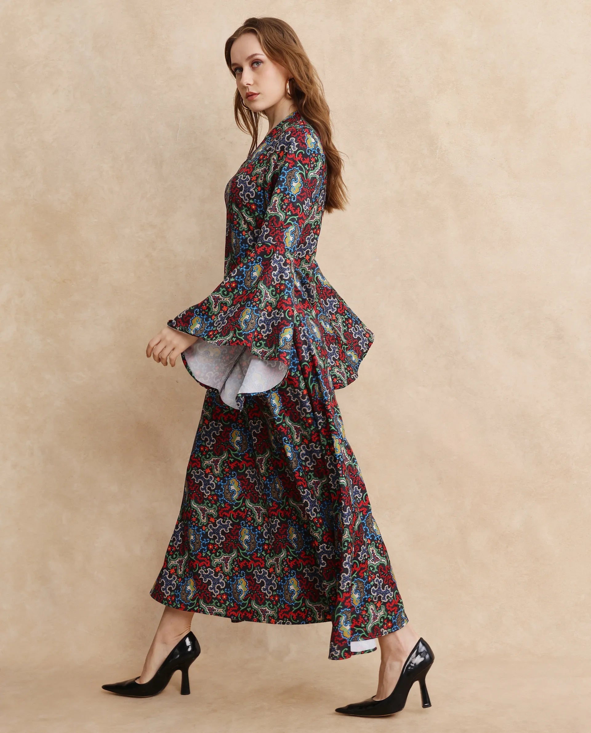 Rareism Women's Bedx Dark Multi Polyester Blend V-Neck Abstract Print Bell Sleeve Maxi Fit And Flare Dress