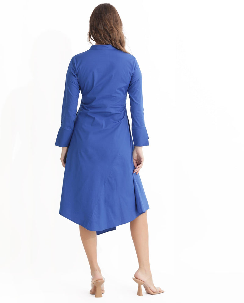 Rareism Women Beetal Blue Poly Lycra Fabric Full Sleeves Mandarin Collar Cuffed Sleeve Regular Fit Plain Midi Asymmetric Dress