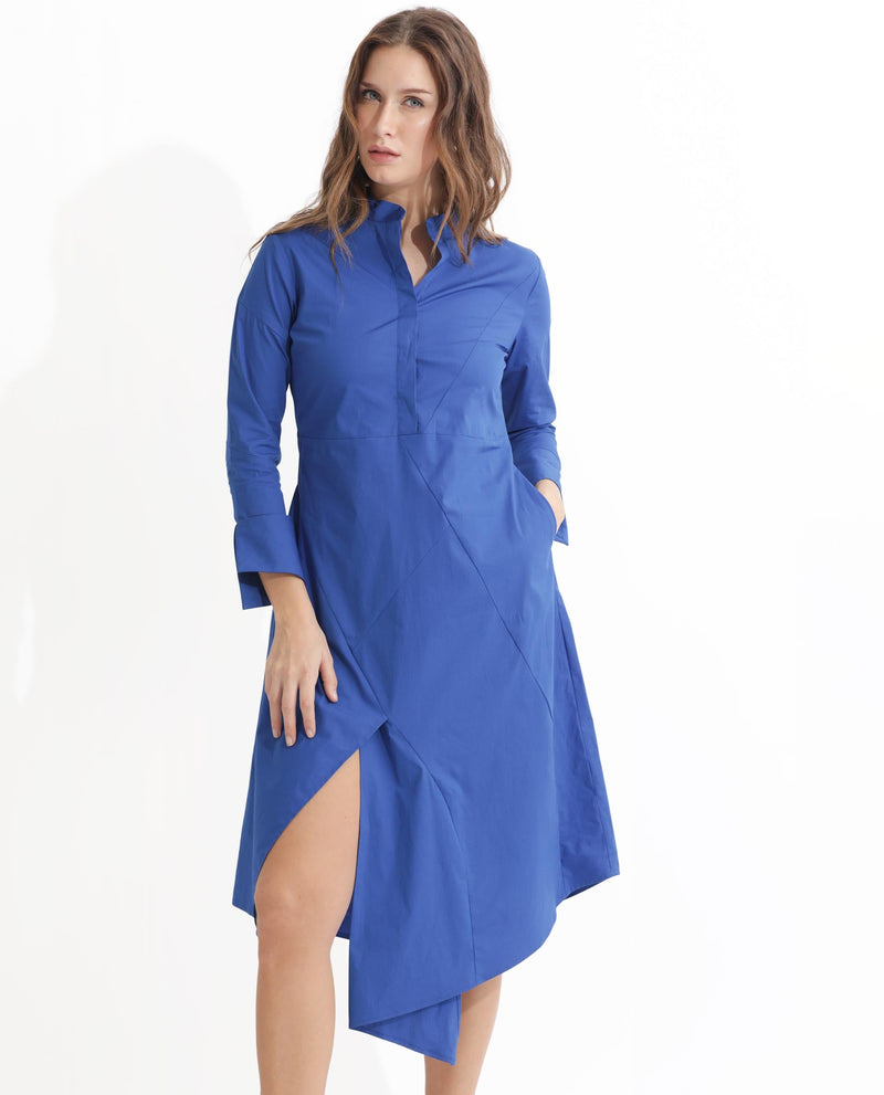 Rareism Women Beetal Blue Poly Lycra Fabric Full Sleeves Mandarin Collar Cuffed Sleeve Regular Fit Plain Midi Asymmetric Dress