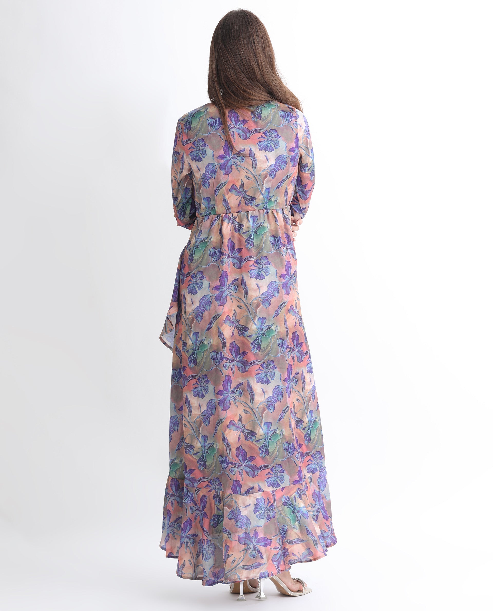 Rareism Women's Belen Pastel Blue Polyester V-Neck Floral Print Maxi Flared Dress