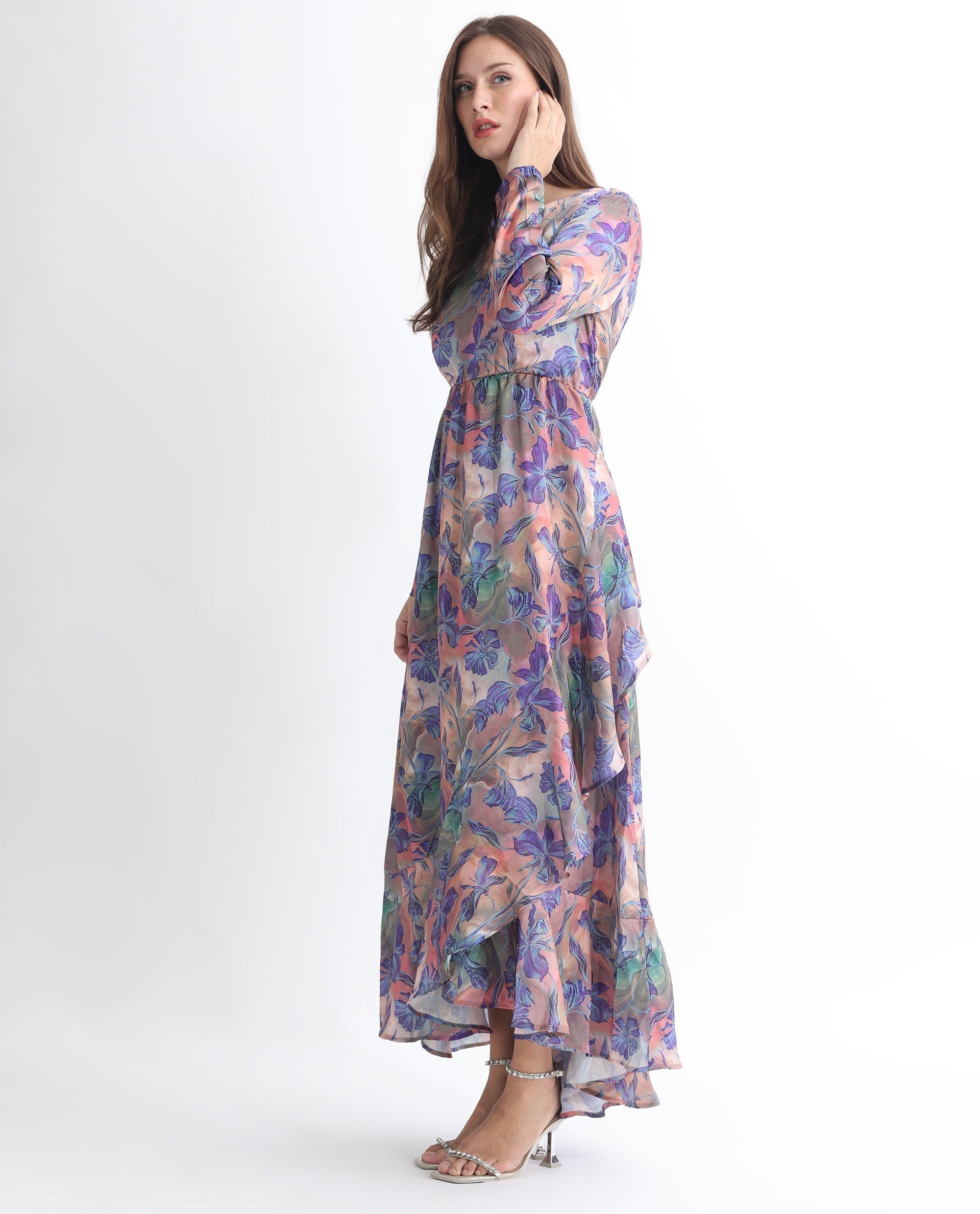 Rareism Women's Belen Pastel Blue Polyester V-Neck Floral Print Maxi Flared Dress