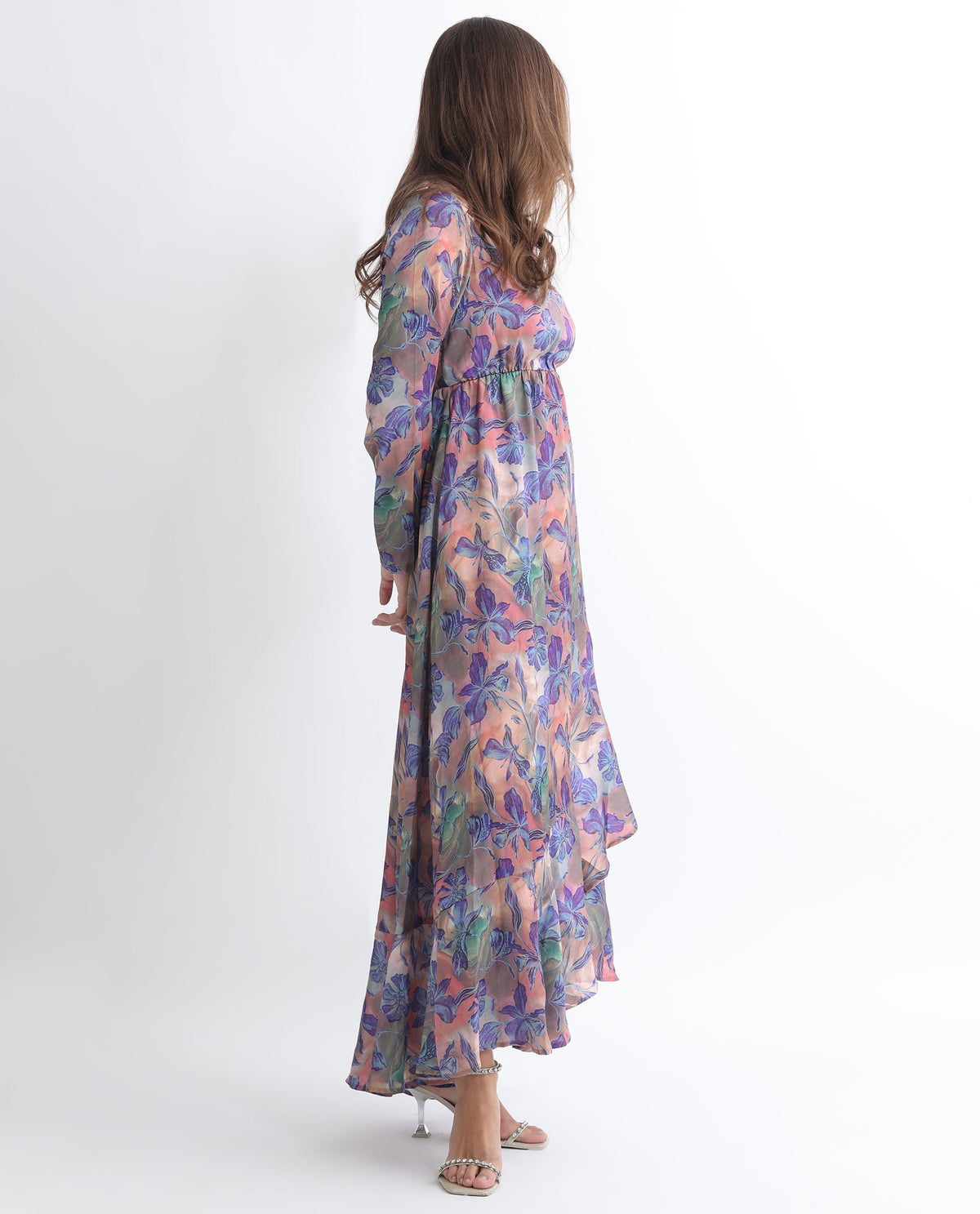 Rareism Women Belen Pastel Blue Polyester Fabric Full Sleeves Zip Closure V-Neck Flared Fit Floral Print Maxi Empire Dress