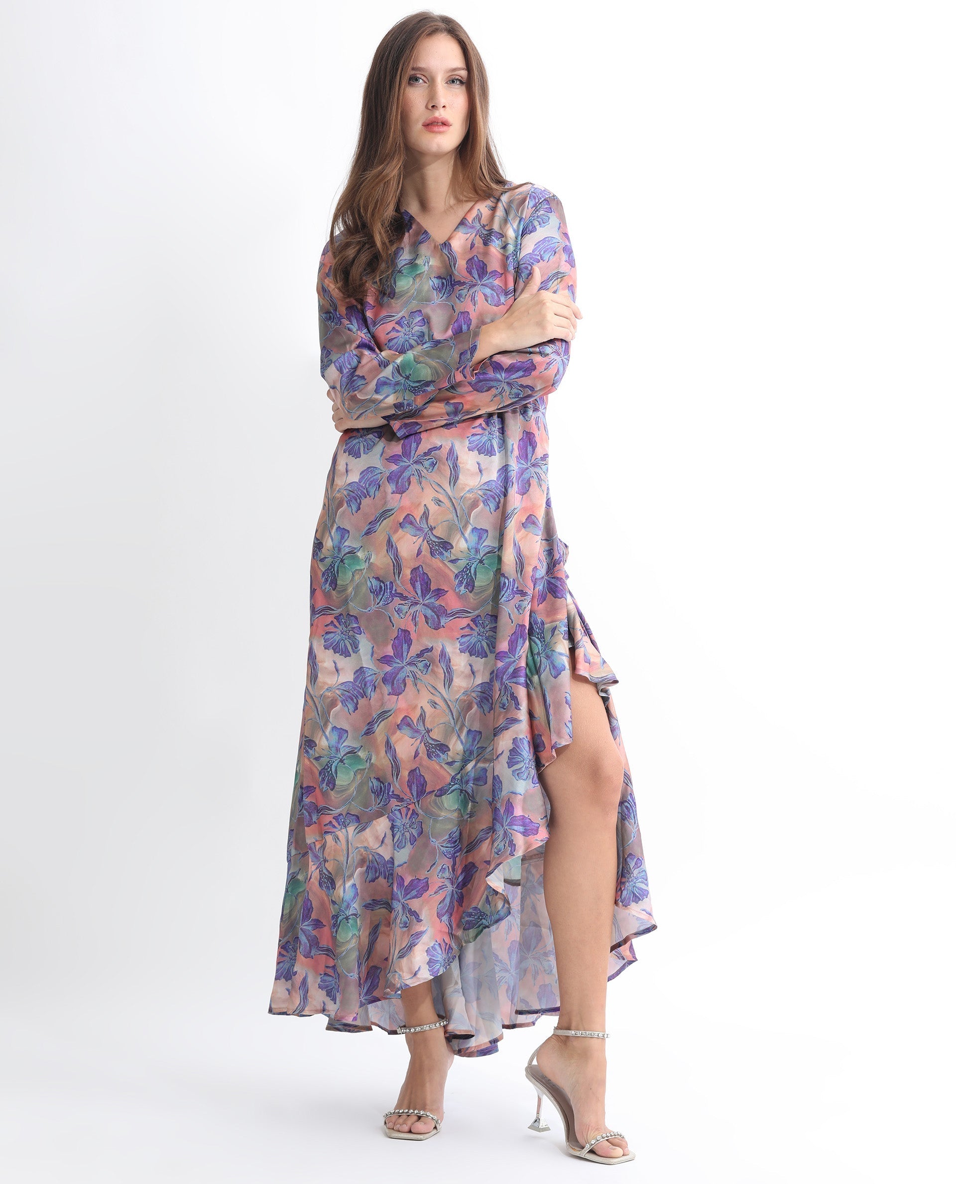 Rareism Women's Belen Pastel Blue Polyester V-Neck Floral Print Maxi Flared Dress