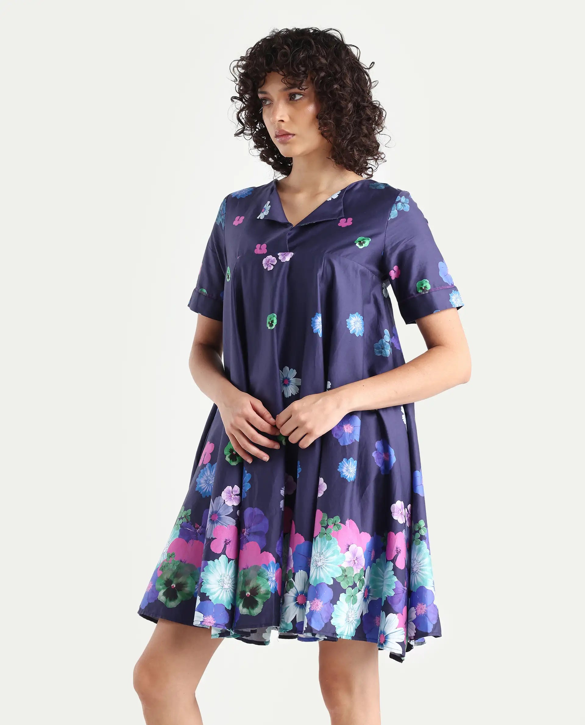 Rareism Women's Belente Blue Polyester Blend Lapel Neck Floral Print Midi Flared Dress