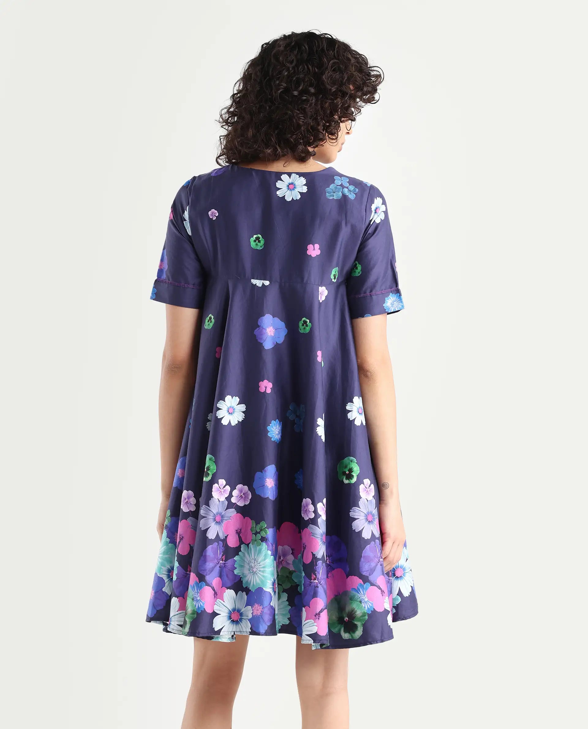 Rareism Women's Belente Blue Cotton Lapel Neck Floral Print Midi Flared Dress