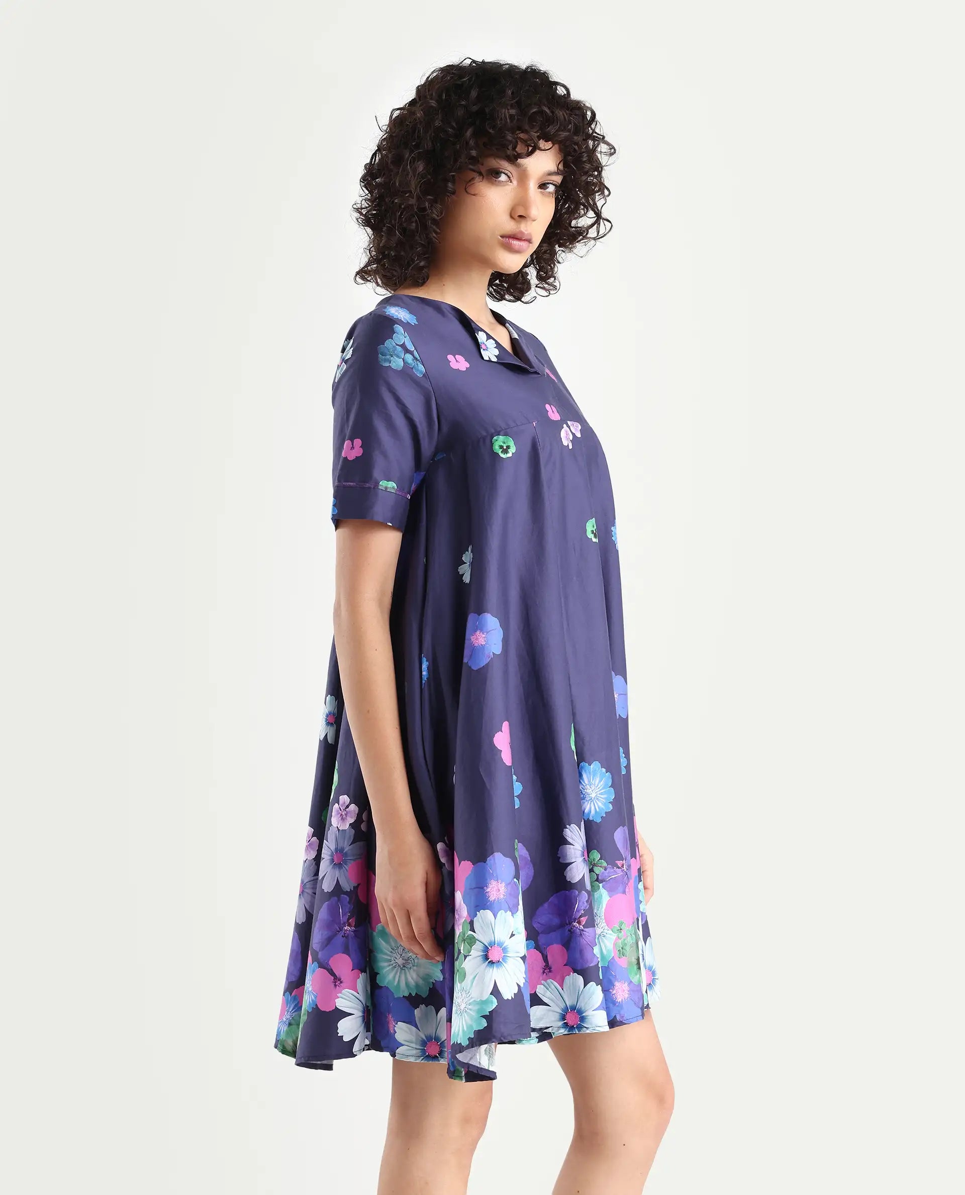 Rareism Women's Belente Blue Cotton Lapel Neck Floral Print Midi Flared Dress