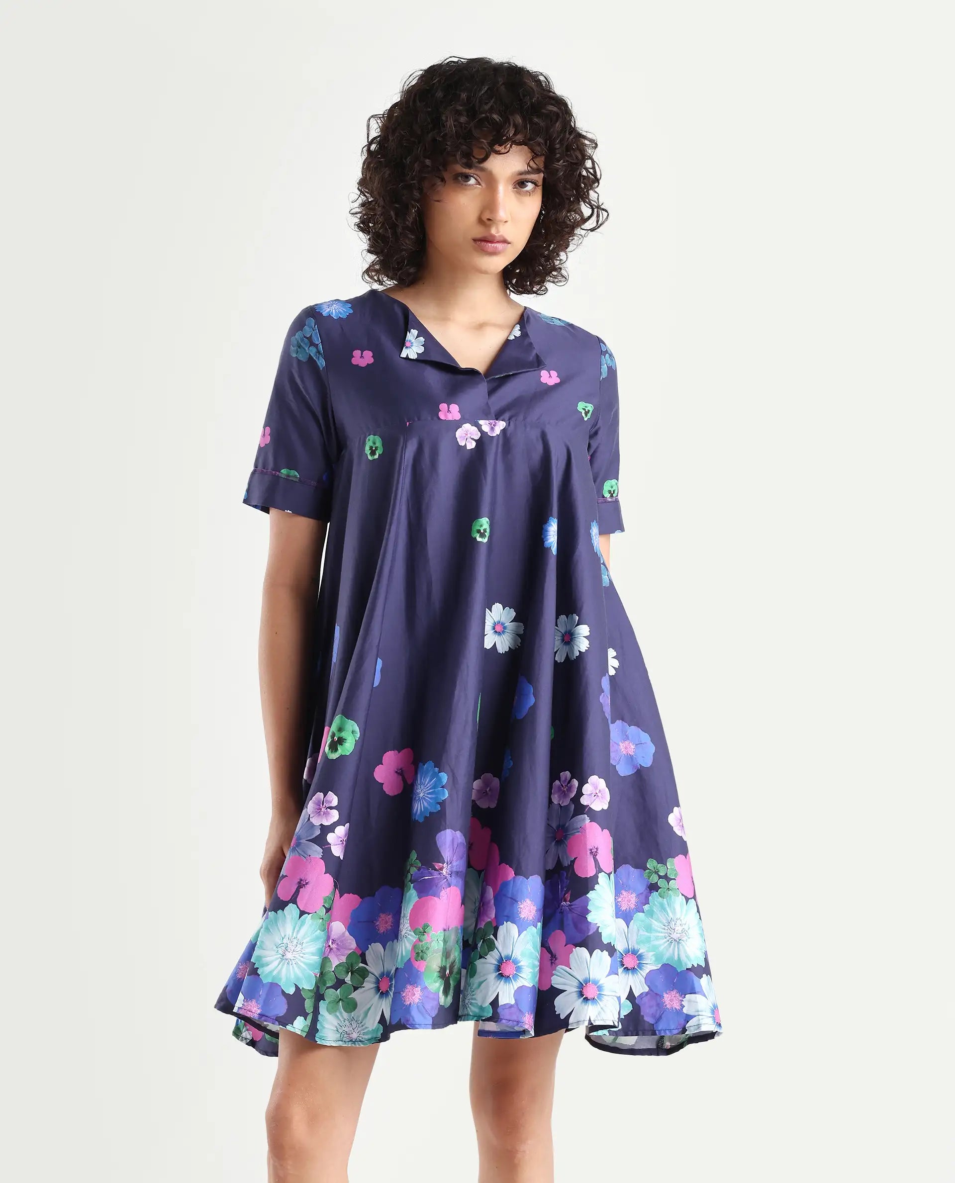 Rareism Women's Belente Blue Cotton Lapel Neck Floral Print Midi Flared Dress