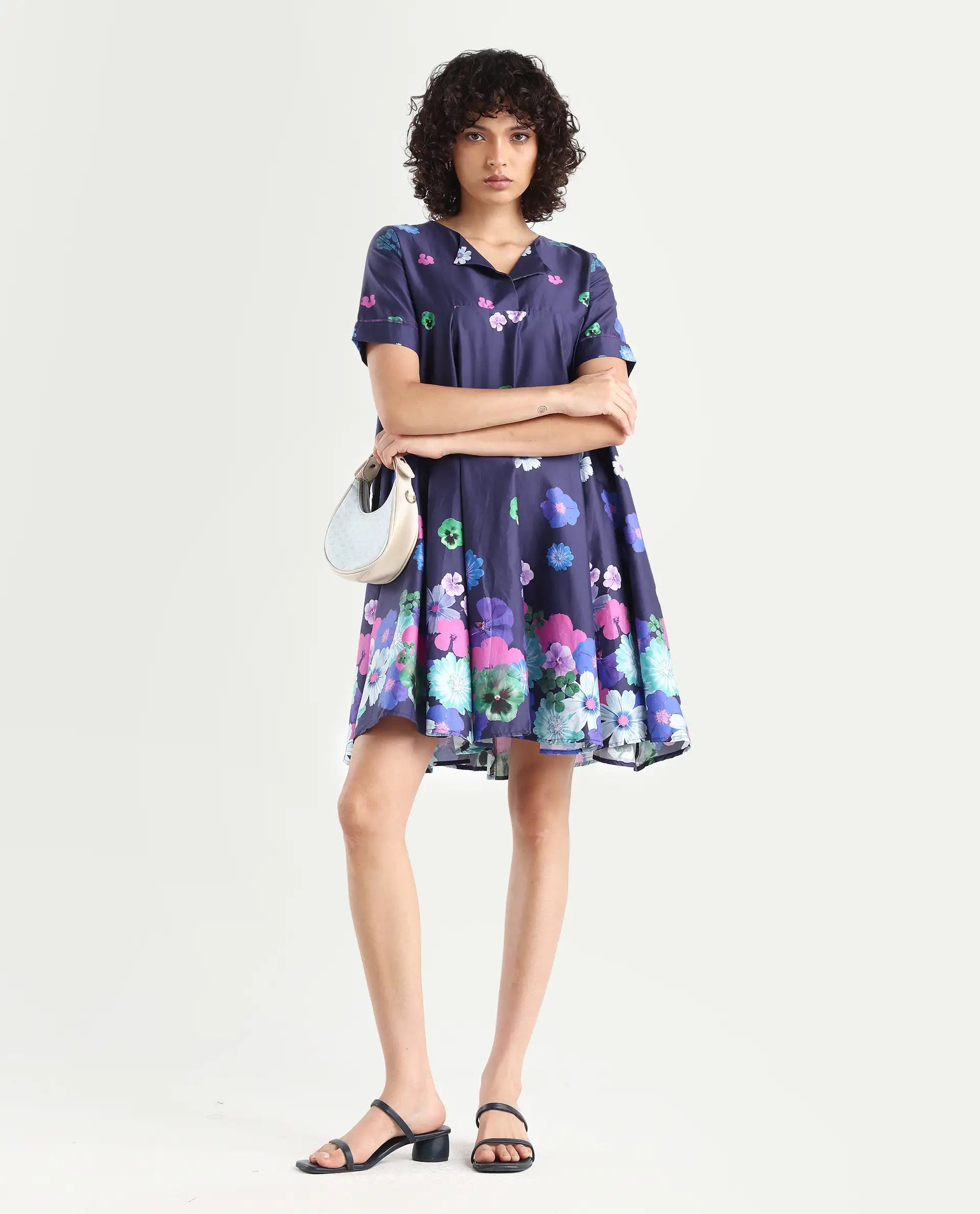 Rareism Women's Belente Blue Polyester Blend Lapel Neck Floral Print Midi Flared Dress