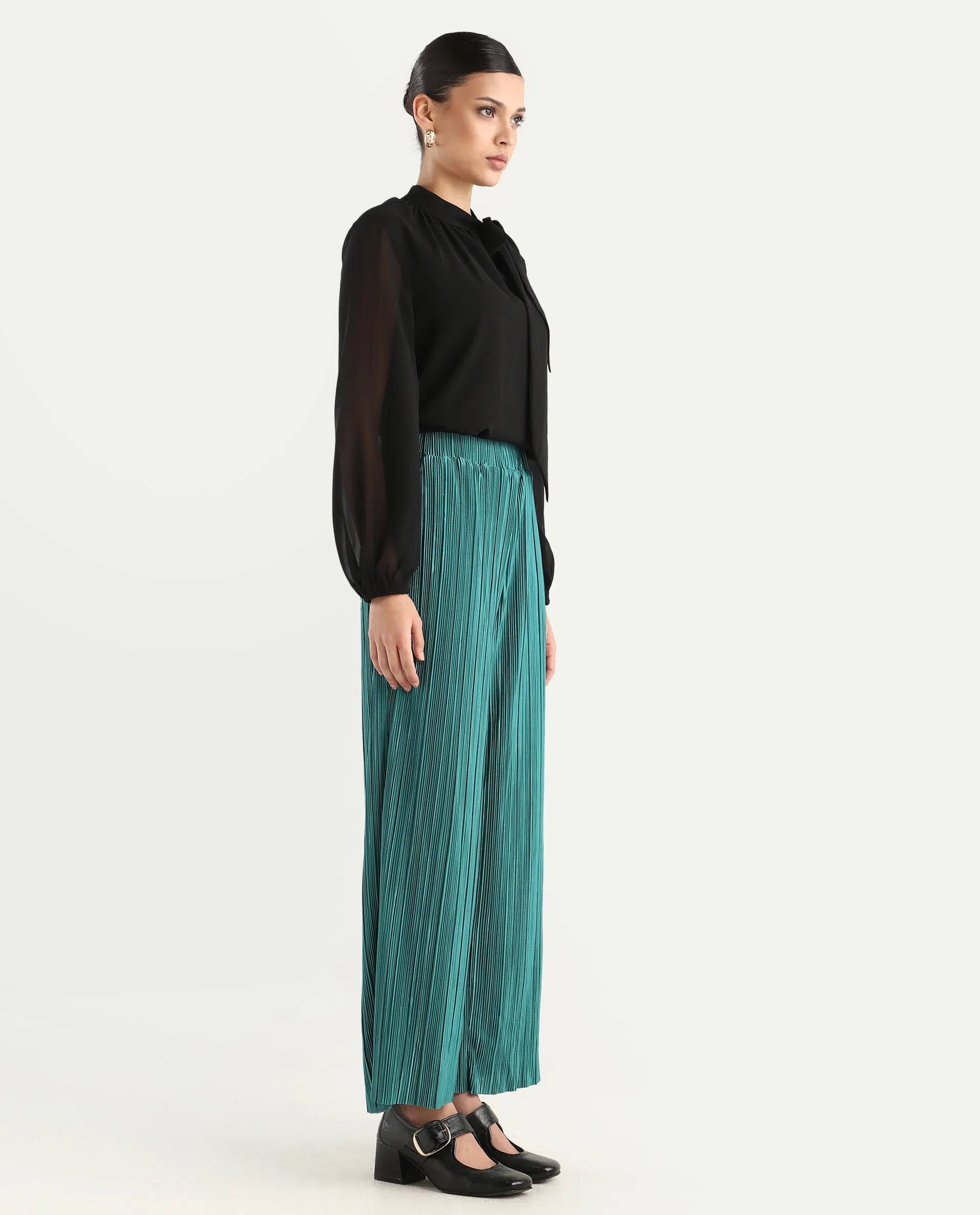 Rareism Women's Belgarde-B Petrol Polyester Plain Ankle Length Straight Fit Trouser