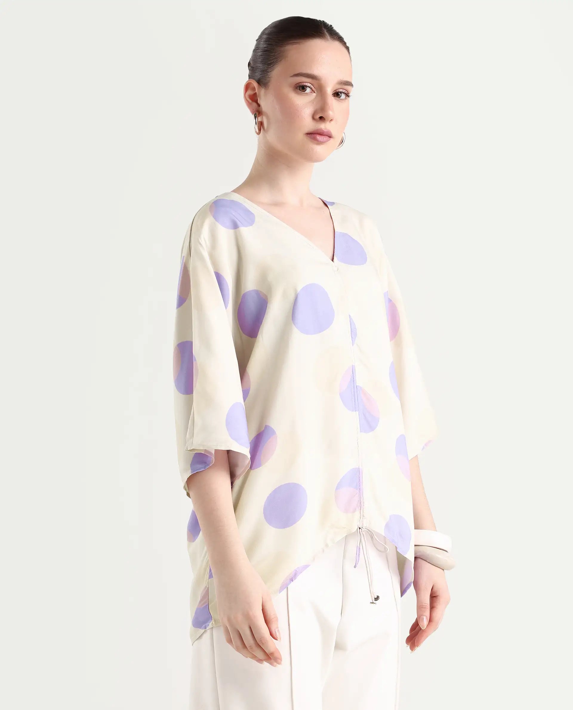 Rareism Women's Bell Beige Viscose V-Neck Polka Print Bell Sleeve Boxy Fit Top
