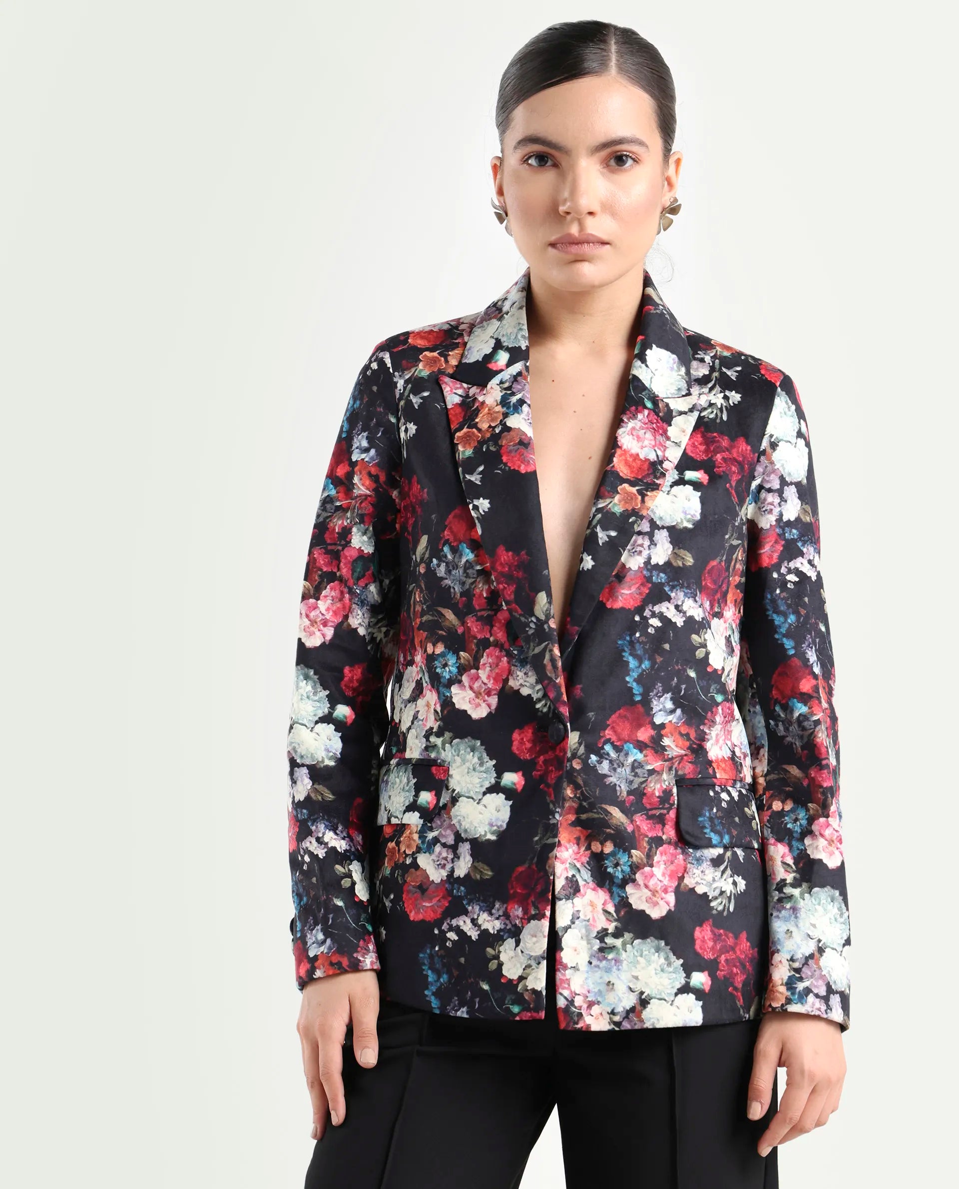 Rareism Women's Bellob Black Velvet Lapel Neck Floral Print Tailored Blazer