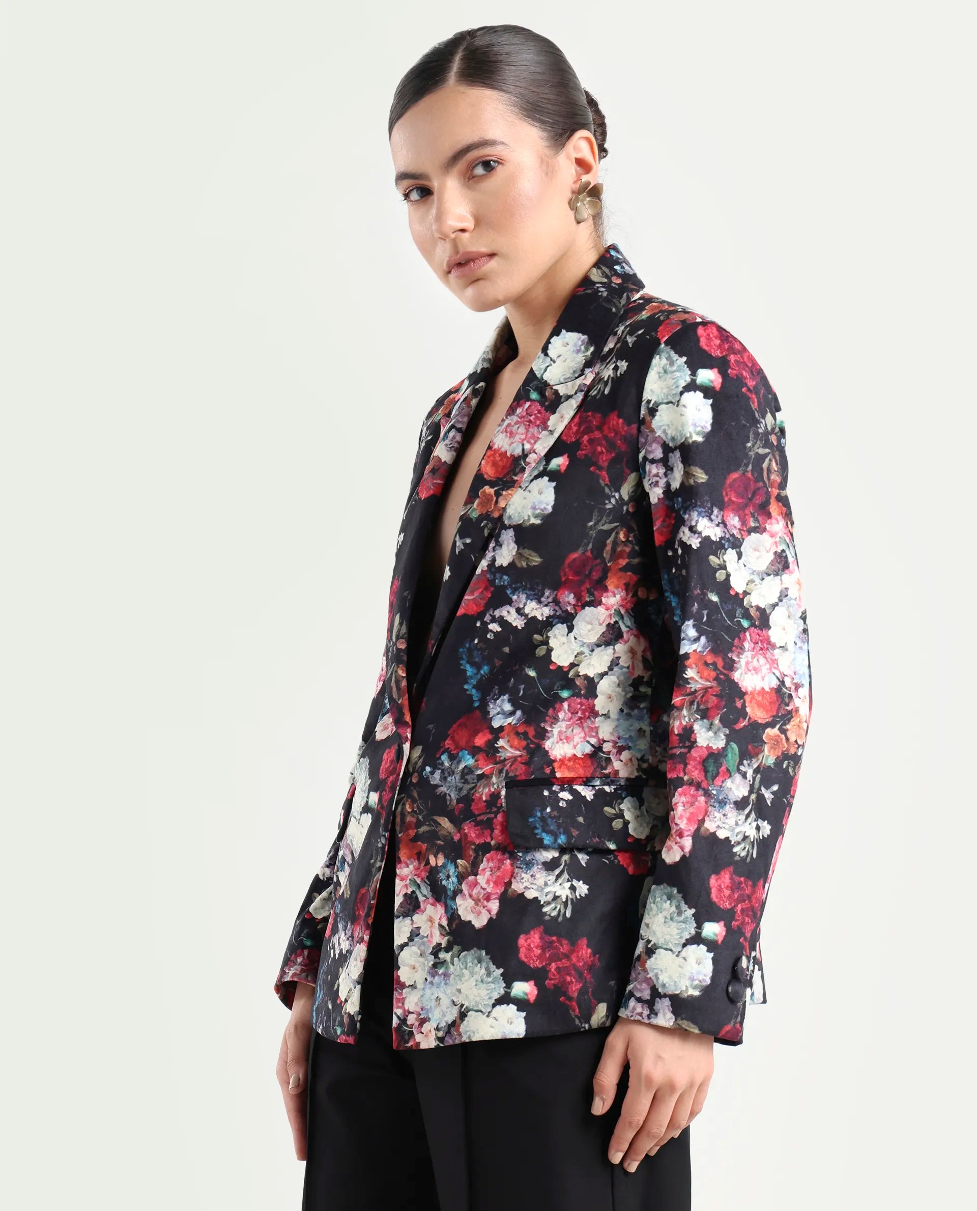 Rareism Women's Bellob Black Velvet Lapel Neck Floral Print Tailored Blazer