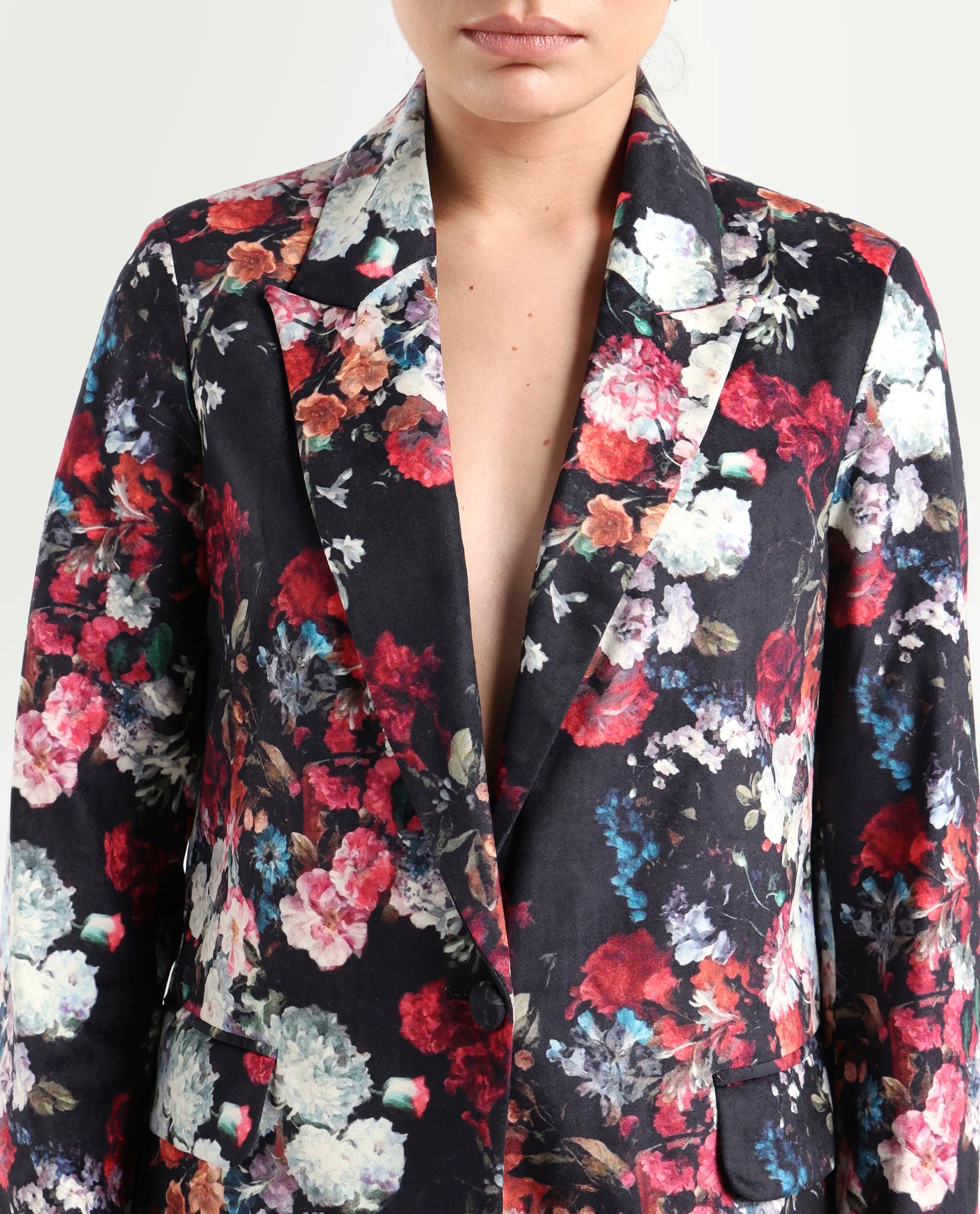 Rareism Women's Bellob Black Velvet Lapel Neck Floral Print Tailored Blazer