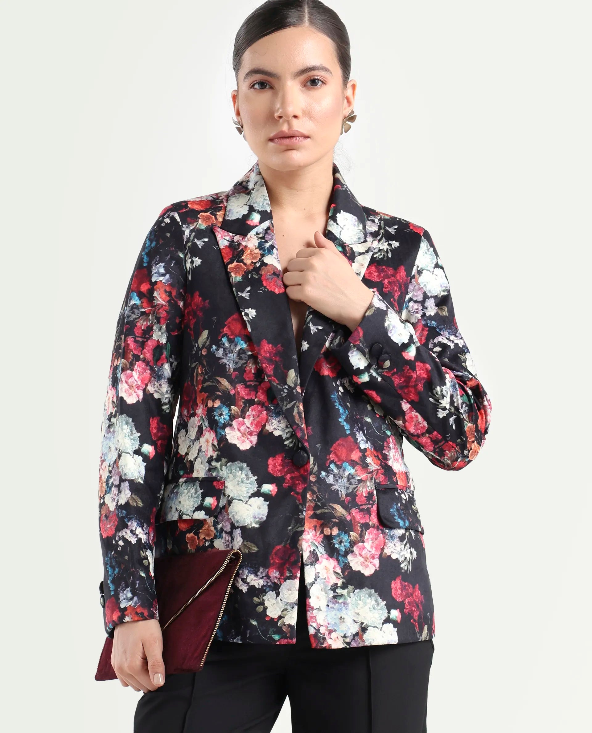 Rareism Women's Bellob Black Velvet Lapel Neck Floral Print Tailored Blazer
