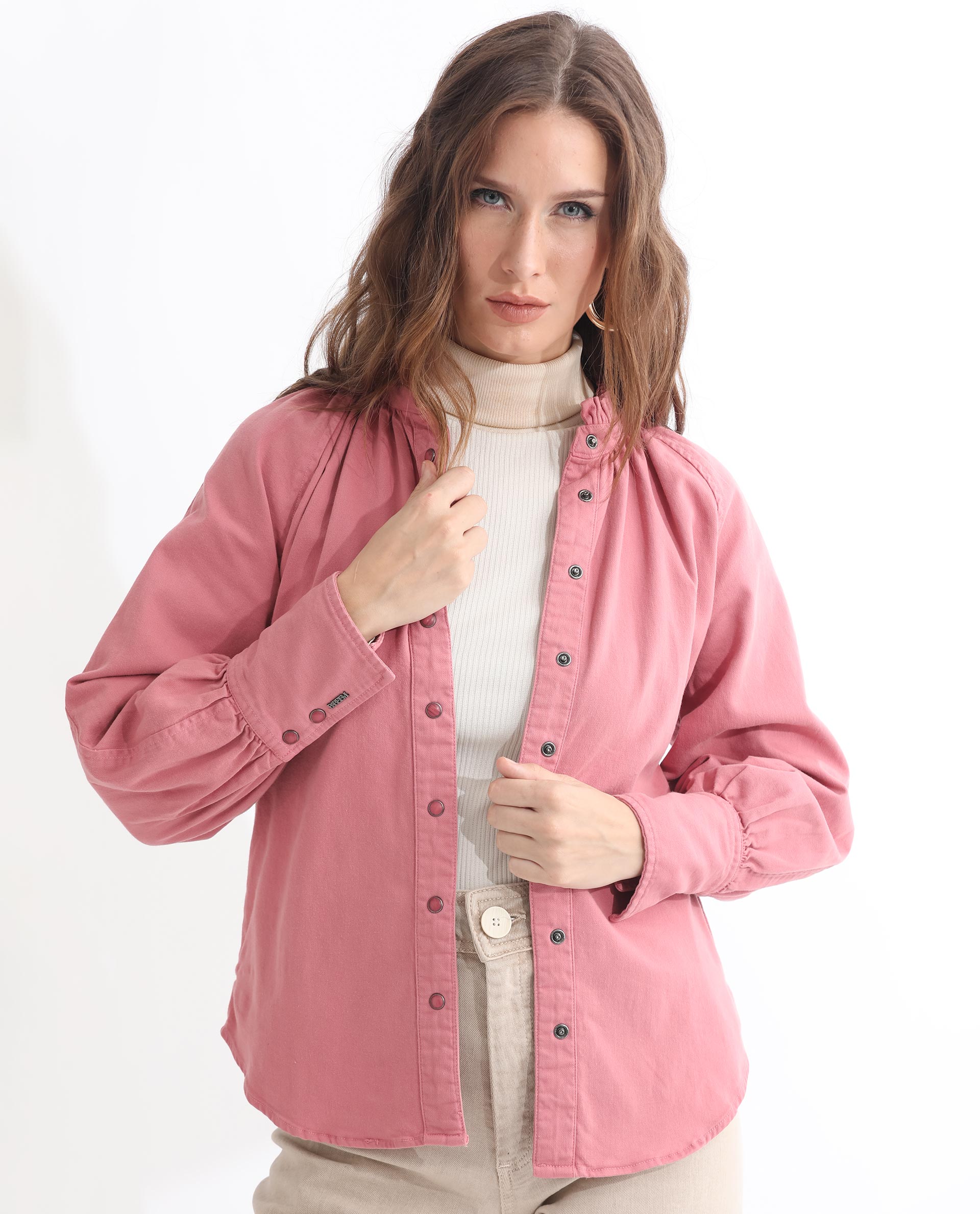 Rareism Women Bellona Dusky Pink Cotton Fabric Full Sleeves Solid Ruffled Neck Jacket