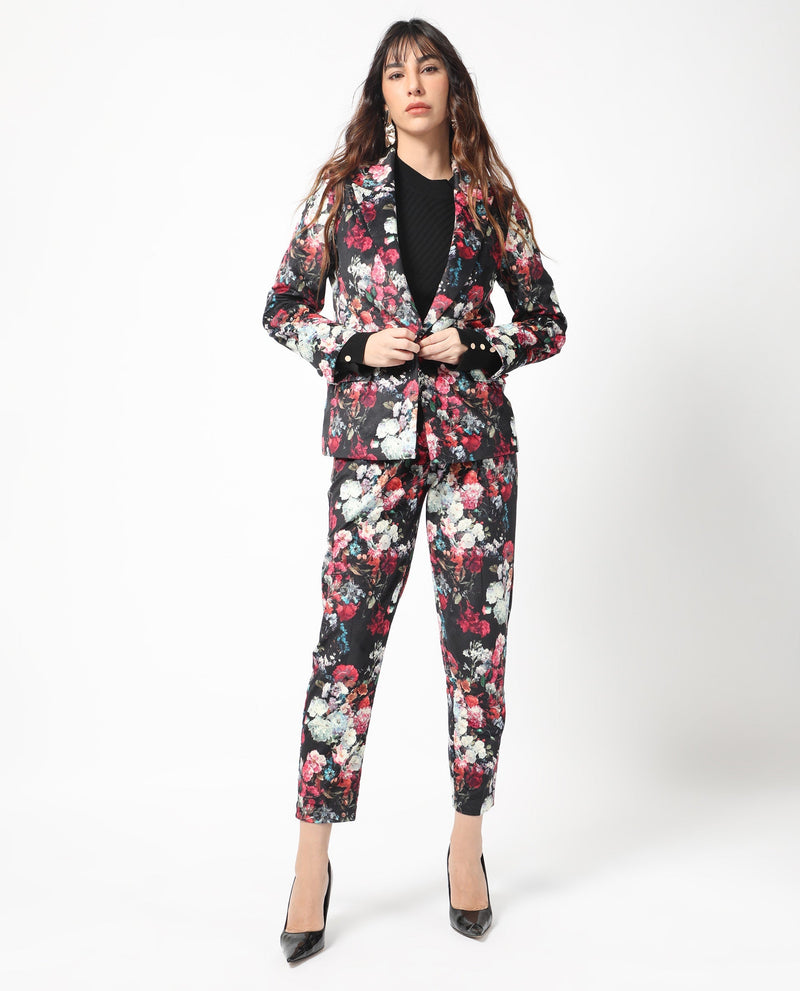 Rareism Women Bellot Black Velvet Fabric Hook And Eye Slim Fit Floral Print Ankle Length Trousers