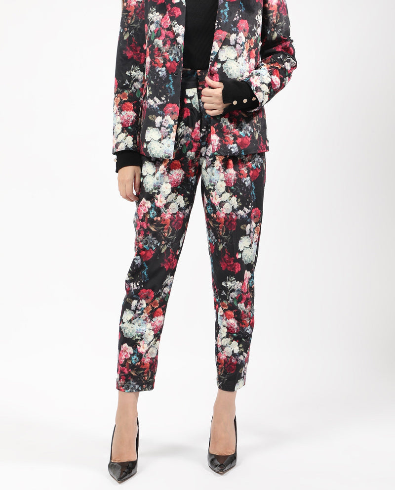 Rareism Women Bellot Black Velvet Fabric Hook And Eye Slim Fit Floral Print Ankle Length Trousers