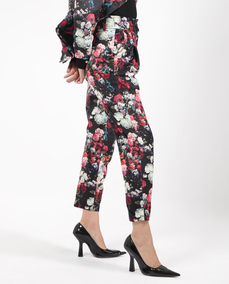 Rareism Women Bellot Black Velvet Fabric Hook And Eye Slim Fit Floral Print Ankle Length Trousers