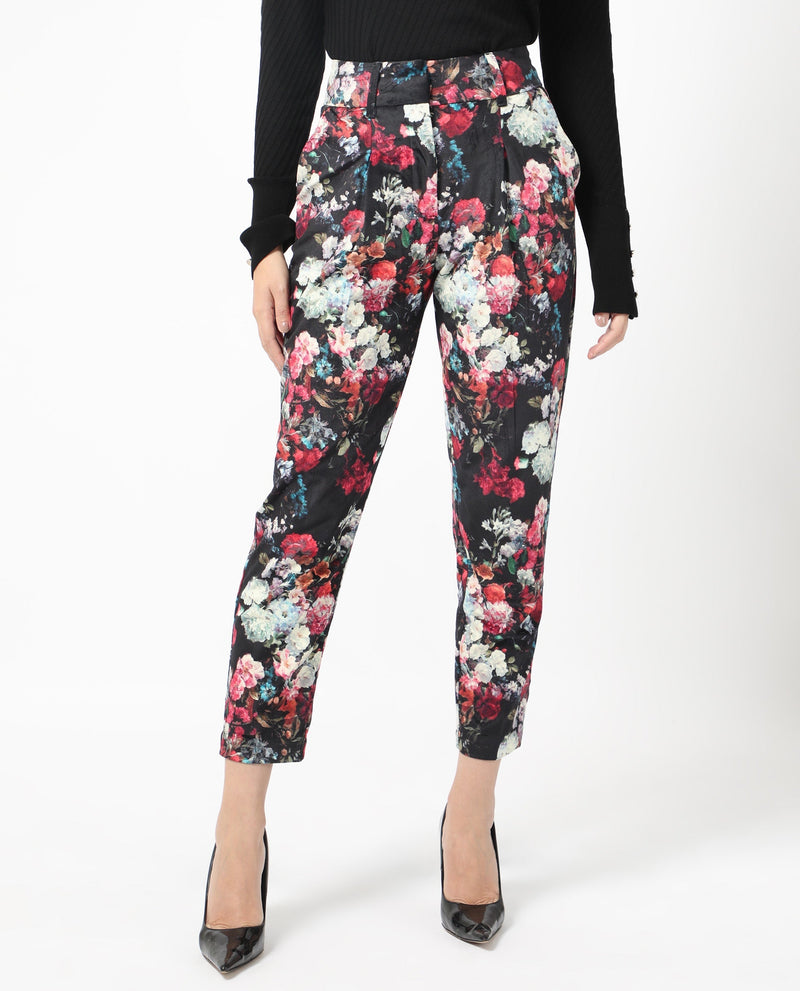 Rareism Women Bellot Black Velvet Fabric Hook And Eye Slim Fit Floral Print Ankle Length Trousers