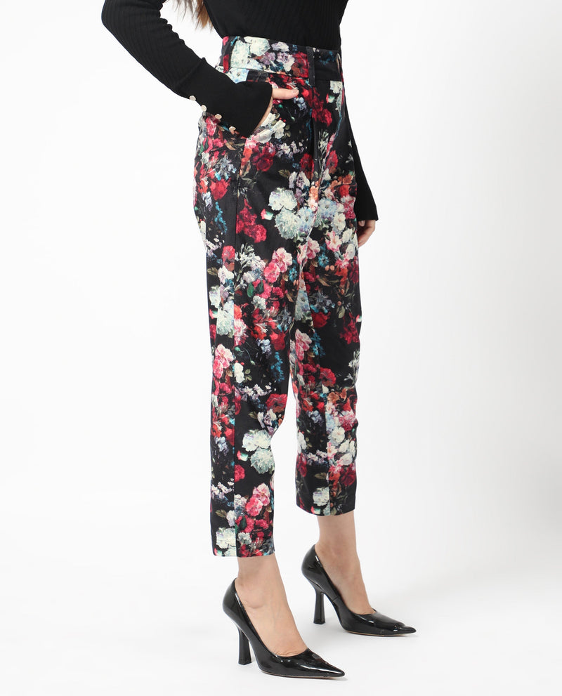 Rareism Women Bellot Black Velvet Fabric Hook And Eye Slim Fit Floral Print Ankle Length Trousers