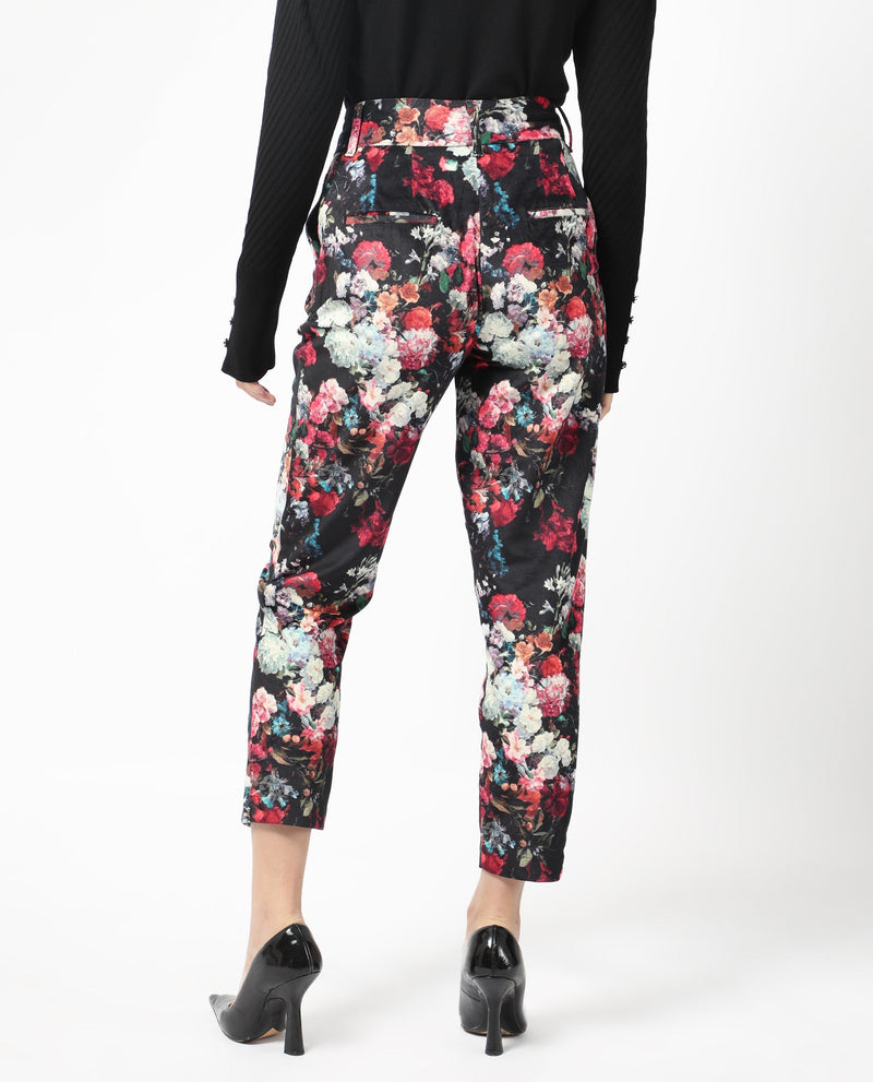 Rareism Women Bellot Black Velvet Fabric Hook And Eye Slim Fit Floral Print Ankle Length Trousers