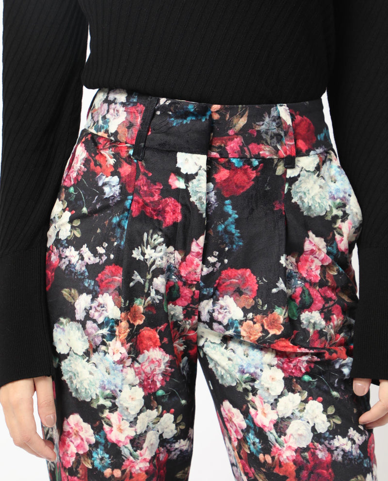 Rareism Women Bellot Black Velvet Fabric Hook And Eye Slim Fit Floral Print Ankle Length Trousers