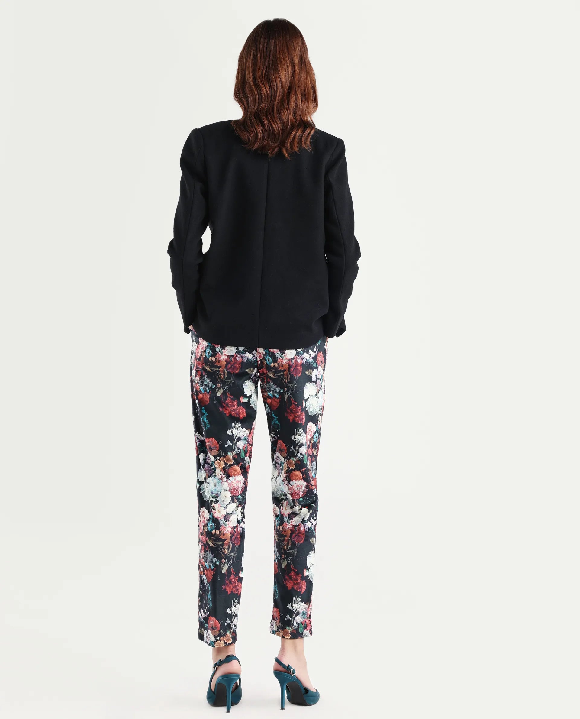 Rareism Women's Bellot Black Velvet Floral Print Ankle Length Slim Fit Trouser
