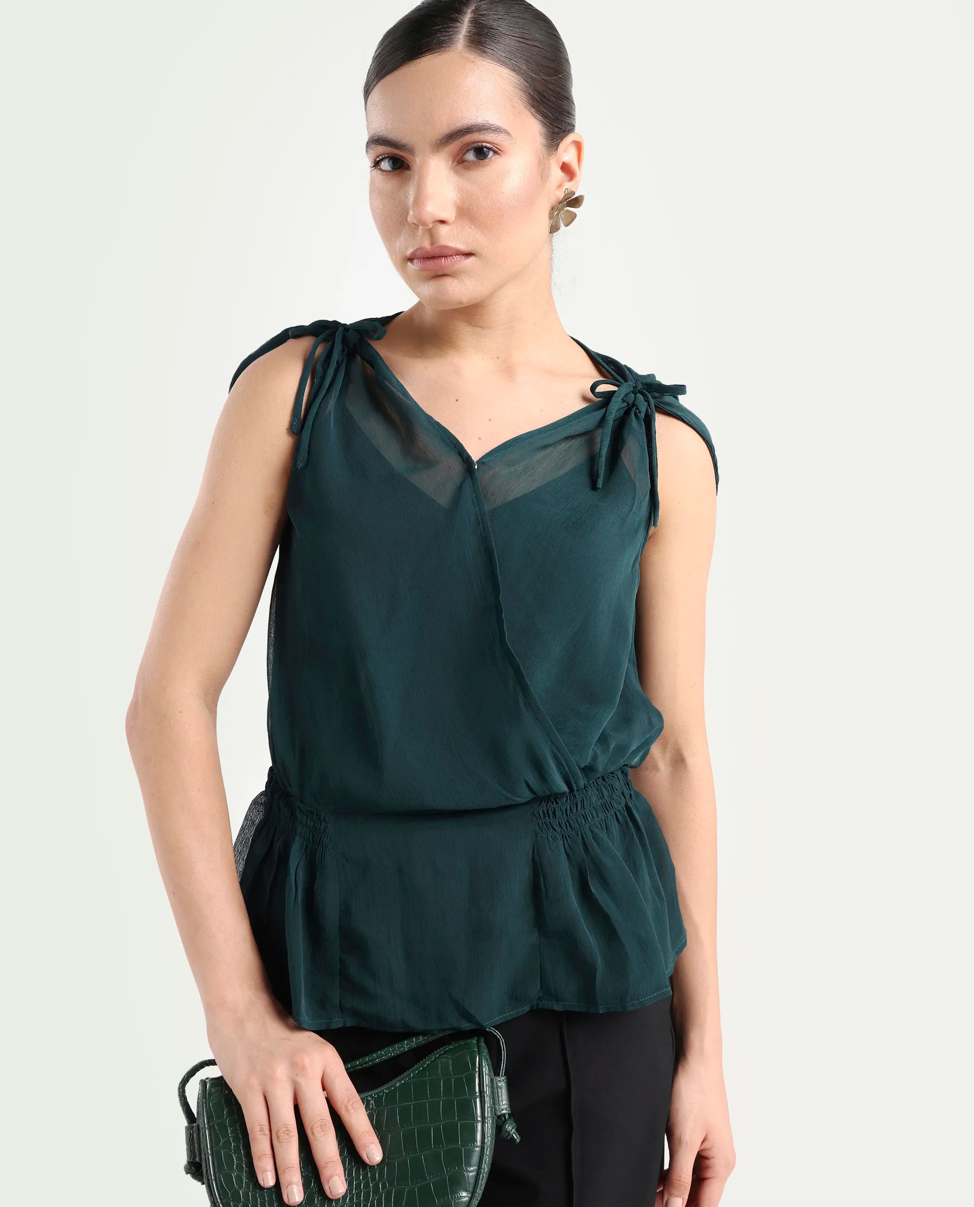 Rareism Women's Belong Green Viscose V-Neck Plain Sleeveless Regular Fit Top