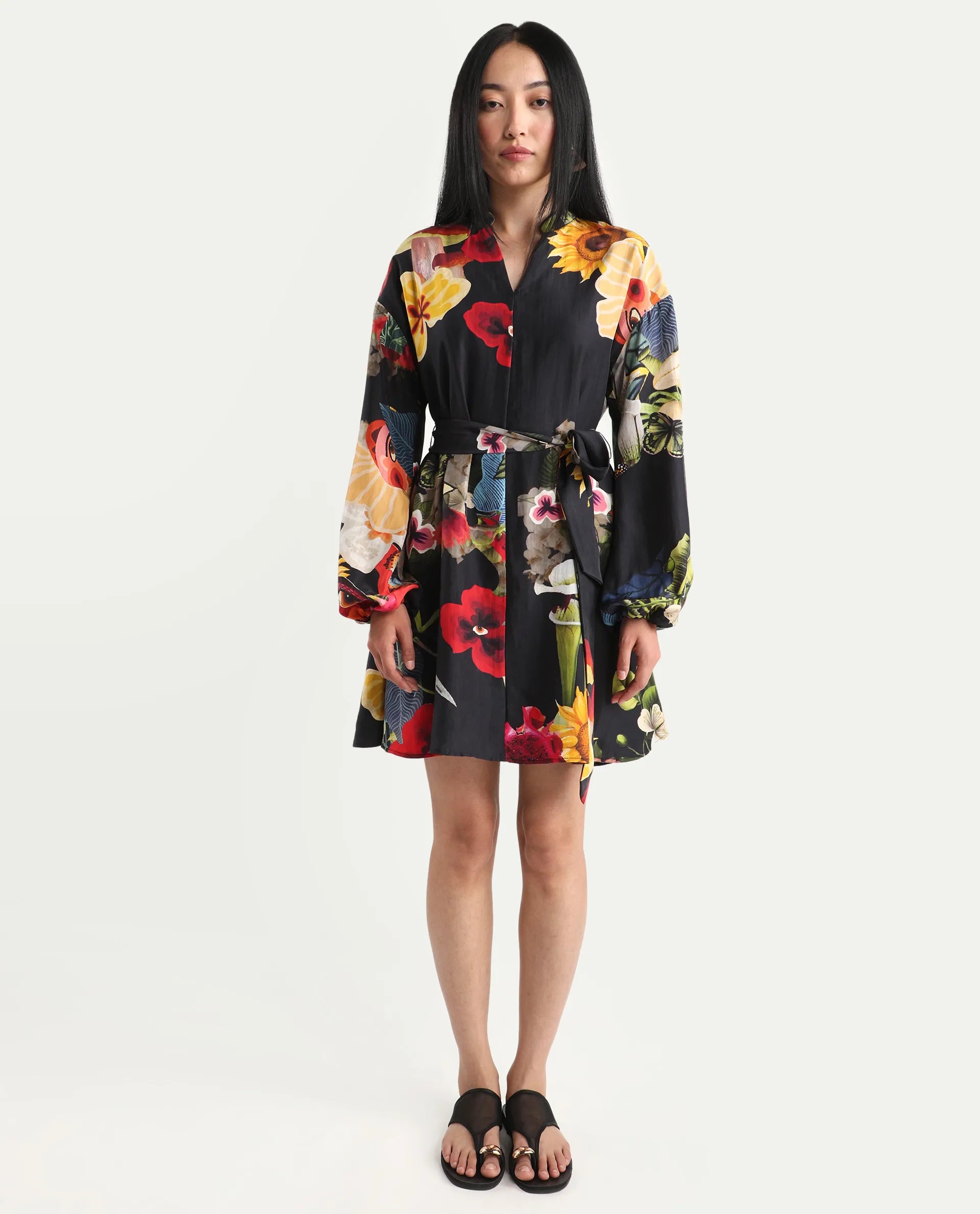 Rareism Women's Bemti Black Silk Full Sleeve Flared Abstract Print Dress