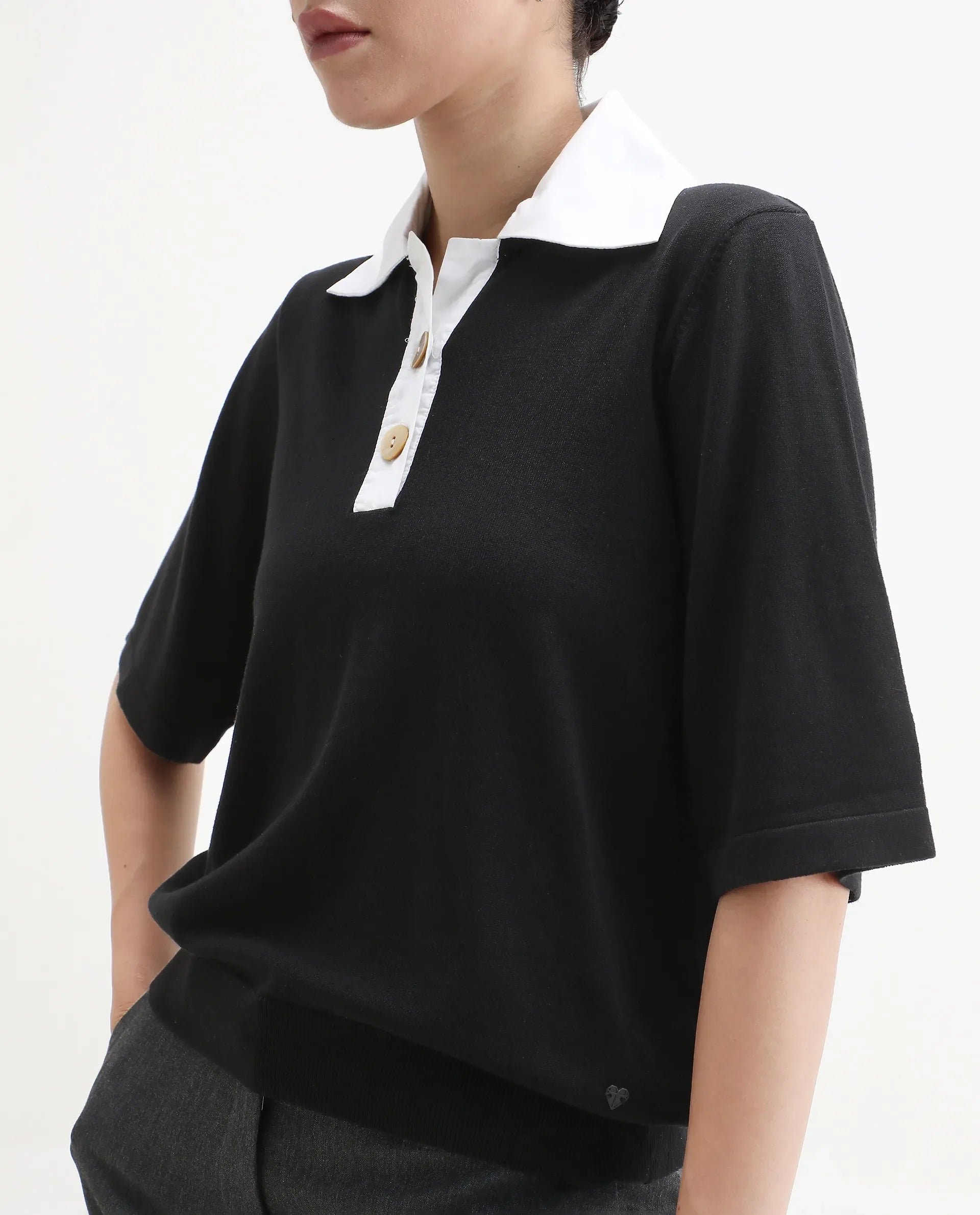 Rareism Women's Bene Black Drop Collar Plain Relaxed Fit Top