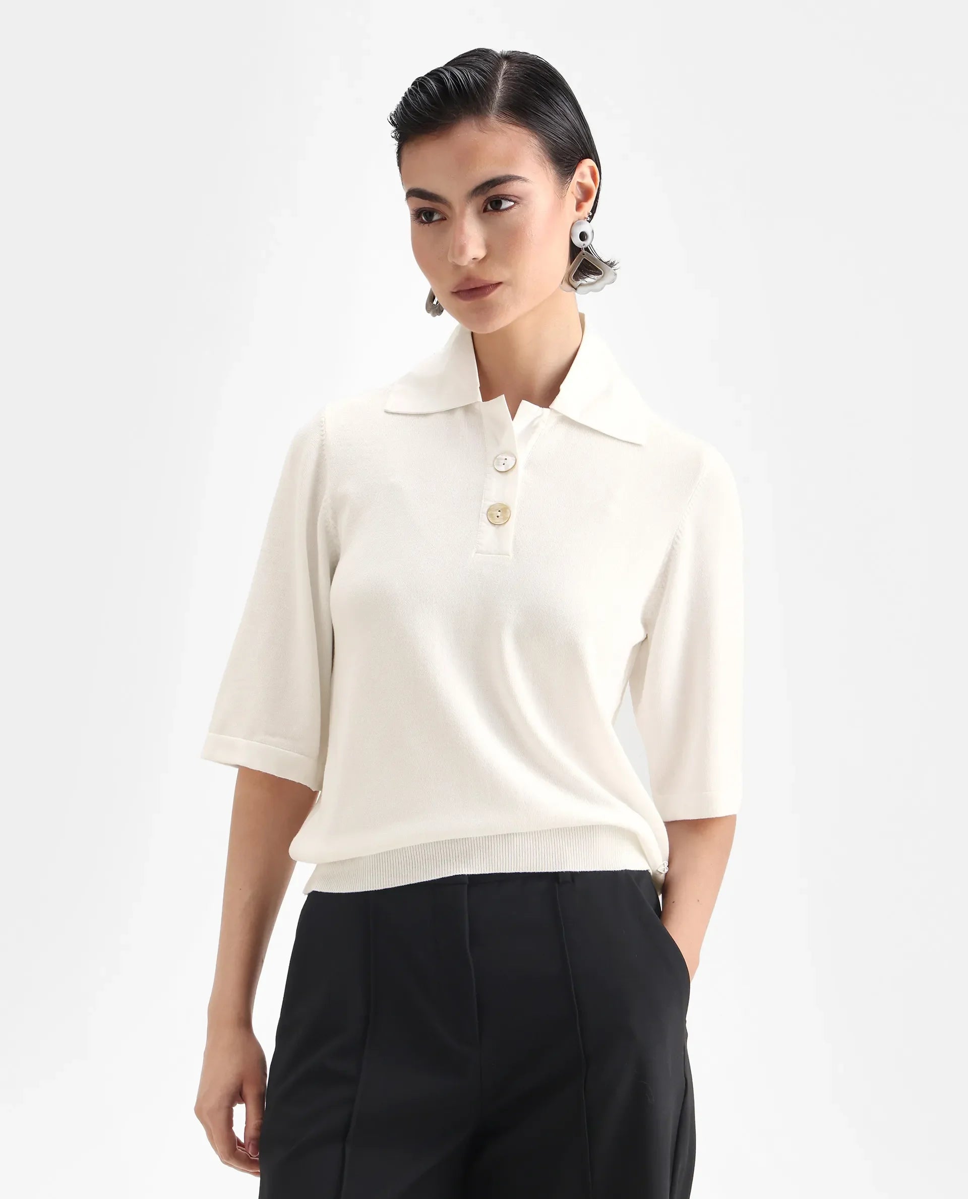 Rareism Women's Bene White Drop Collar Plain Relaxed Fit Top