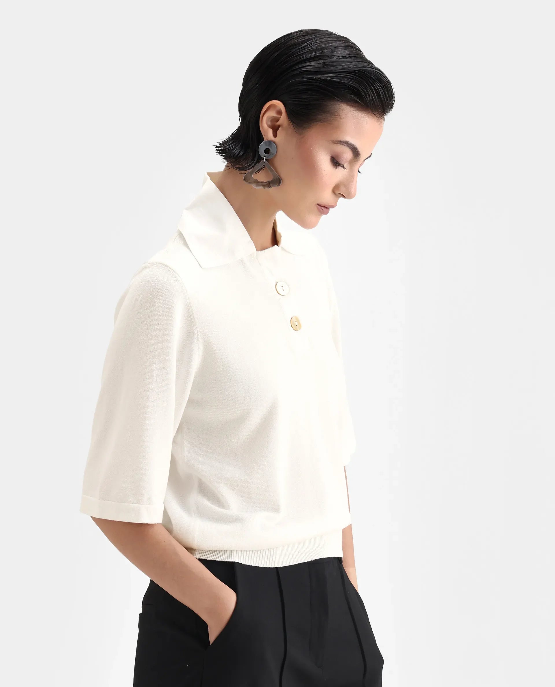 Rareism Women's Bene White Drop Collar Plain Relaxed Fit Top