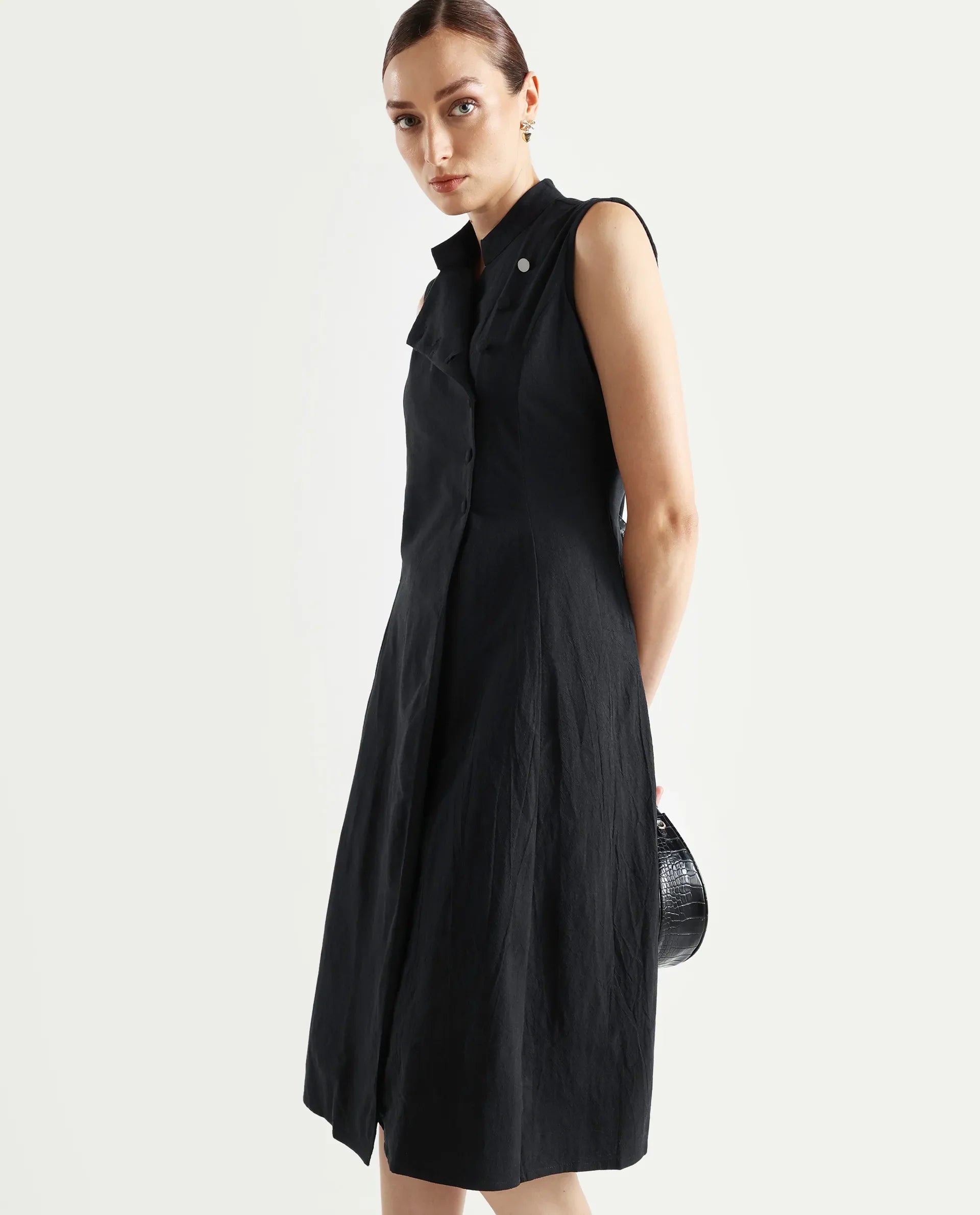 Rareism Women's Beniz Dark Black Cotton High Neck Plain Sleeveless Midi A-Line Dress