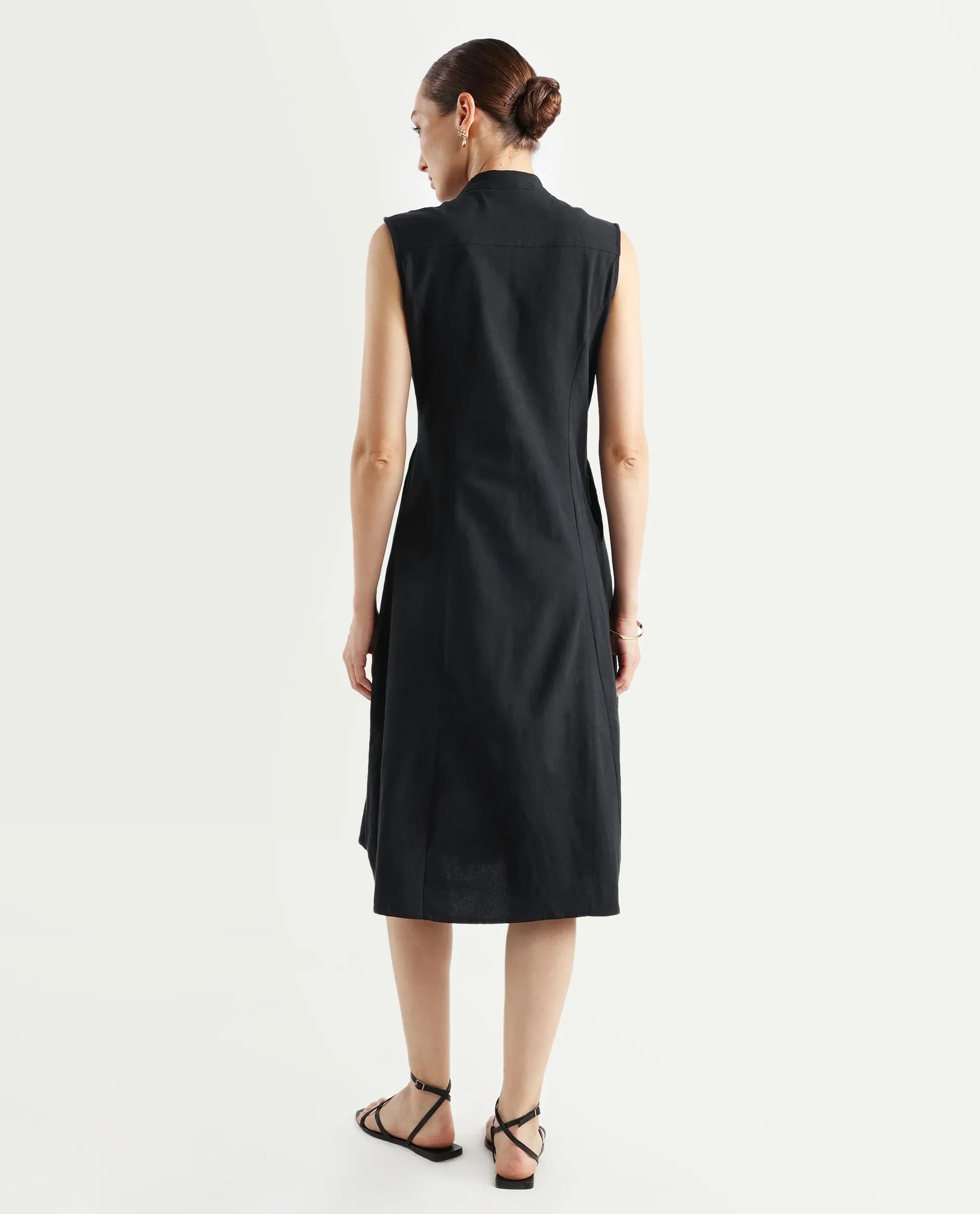 Rareism Women's Beniz Dark Black Cotton High Neck Plain Sleeveless Midi A-Line Dress