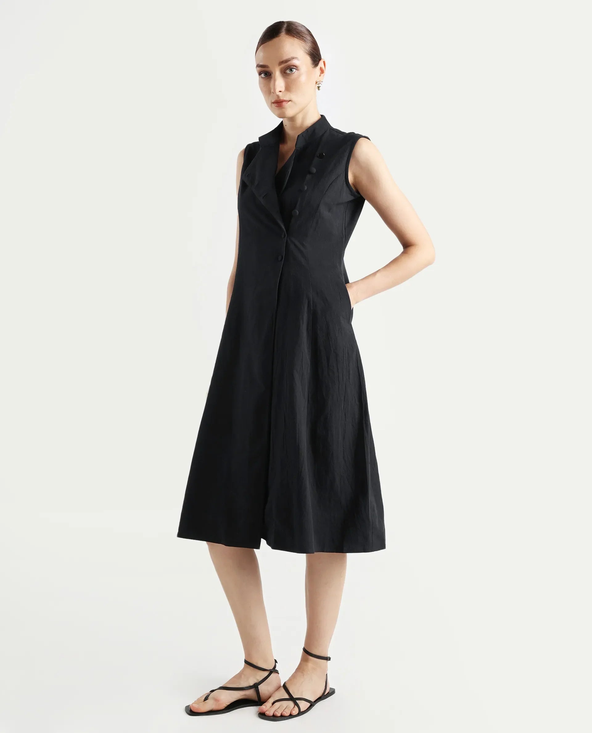 Rareism Women's Beniz Dark Black Cotton High Neck Plain Sleeveless Midi A-Line Dress