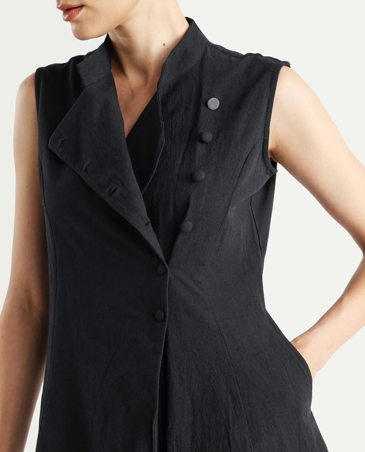 Rareism Women's Beniz Dark Black Cotton High Neck Plain Sleeveless Midi A-Line Dress