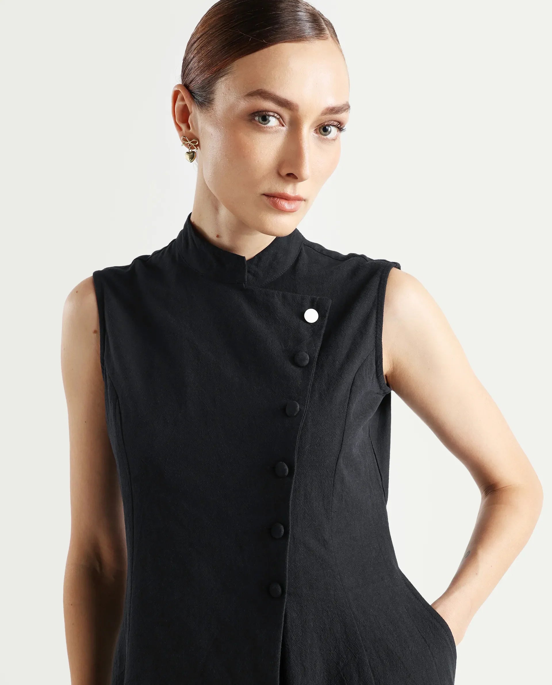 Rareism Women's Beniz Dark Black Cotton High Neck Plain Sleeveless Midi A-Line Dress