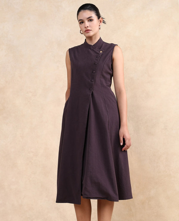 Rareism Women Beniz Dark Brown Cotton Fabric Sleeveless High Neck Button Closure A-Line Fit Midi Plain Dress