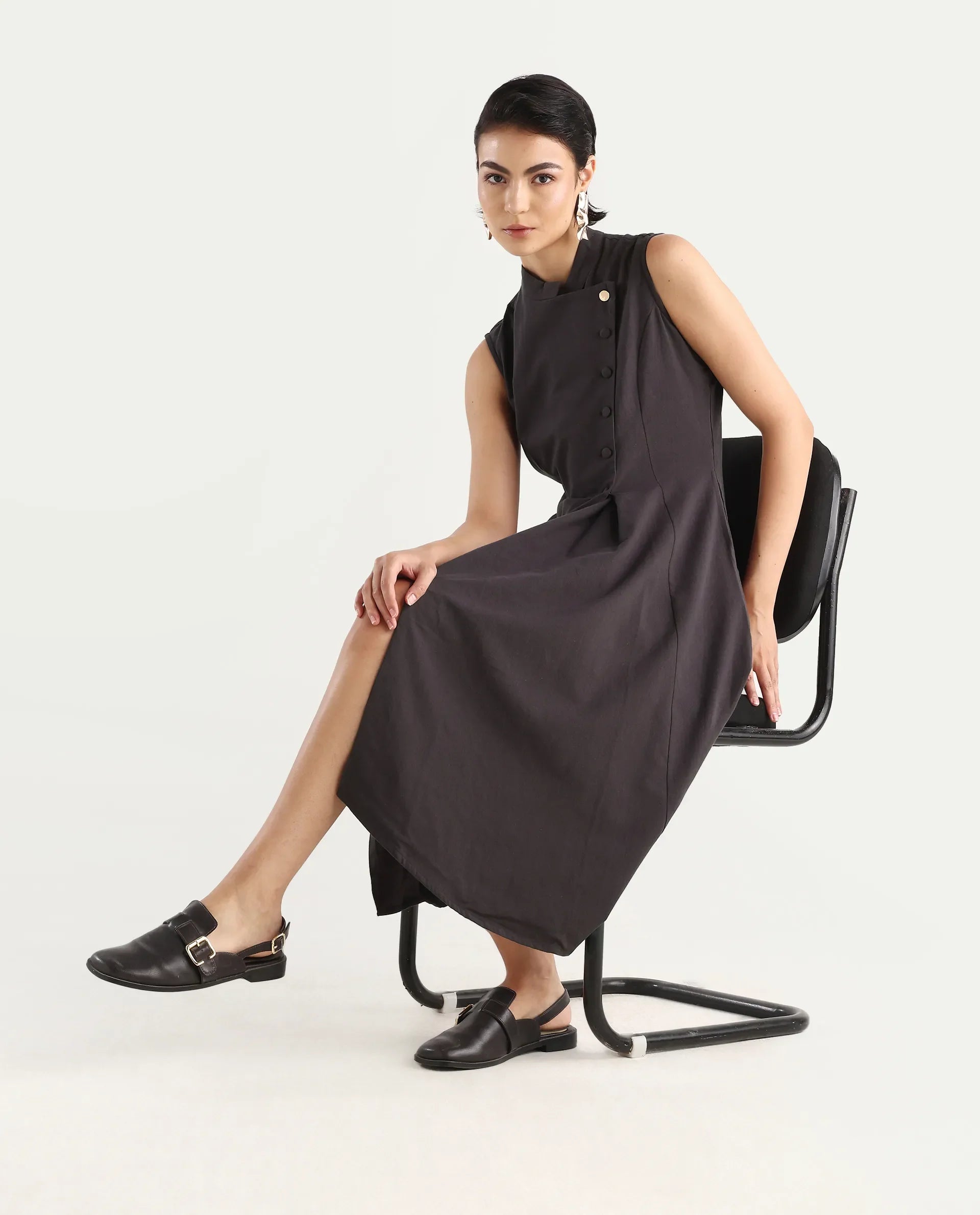 Rareism Women's Beniz Dark Brown Cotton High Neck Plain Sleeveless Midi A-Line Dress