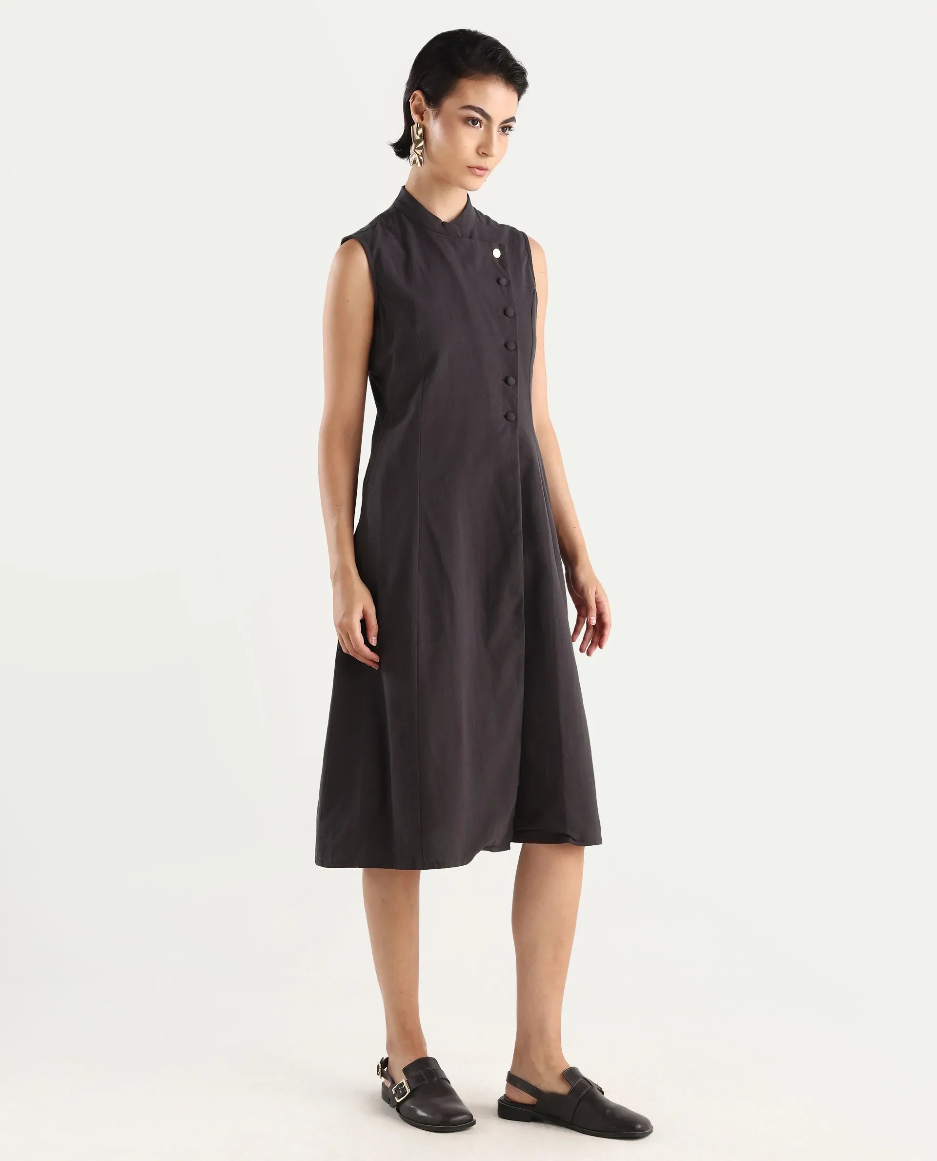 Rareism Women's Beniz Dark Brown Cotton High Neck Plain Sleeveless Midi A-Line Dress